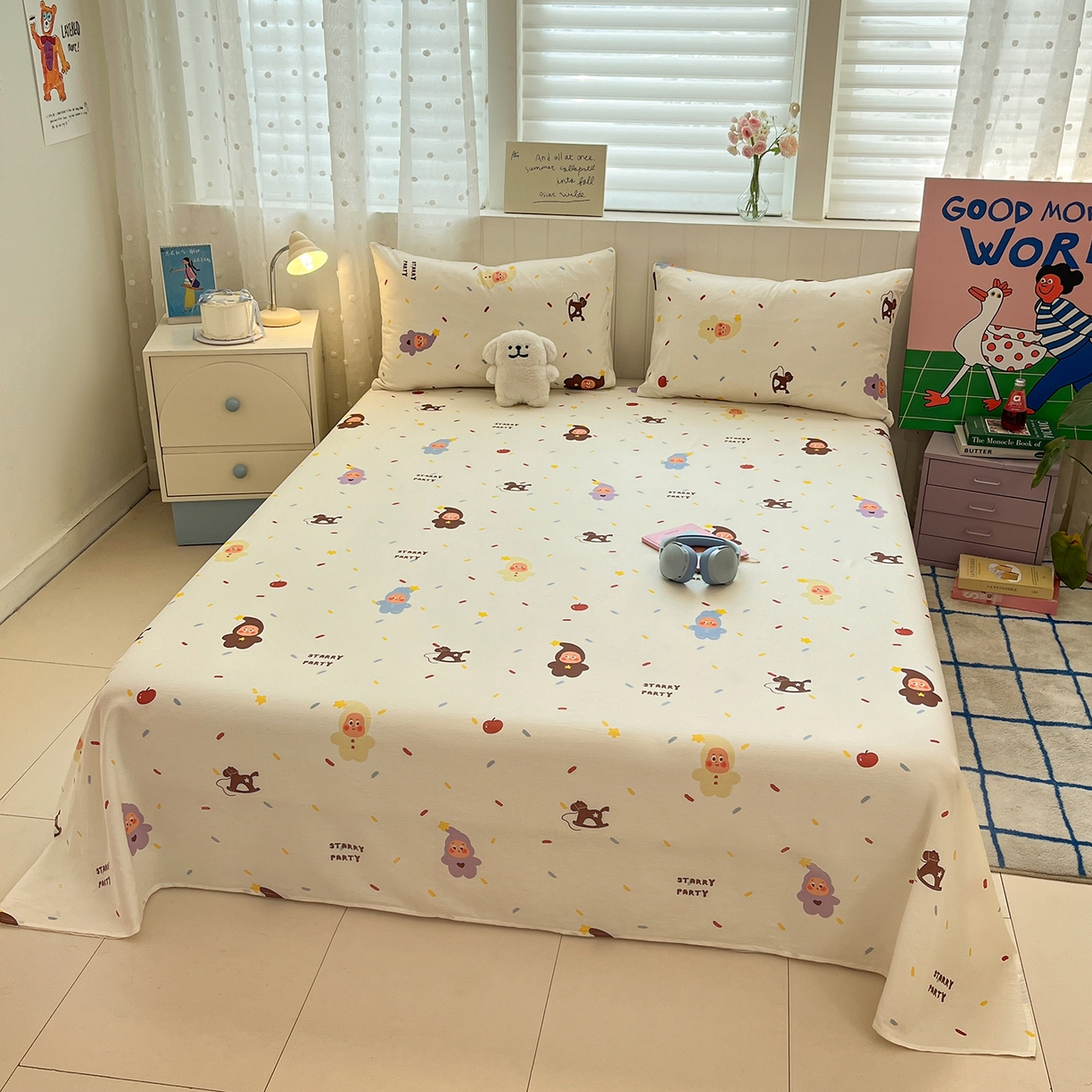 91家纺网 家纺一手货源 找家纺 桃子家居 2026新款纯棉全棉单品印花卡通可爱少女床单床笠枕套系列 棉单品-七彩星星