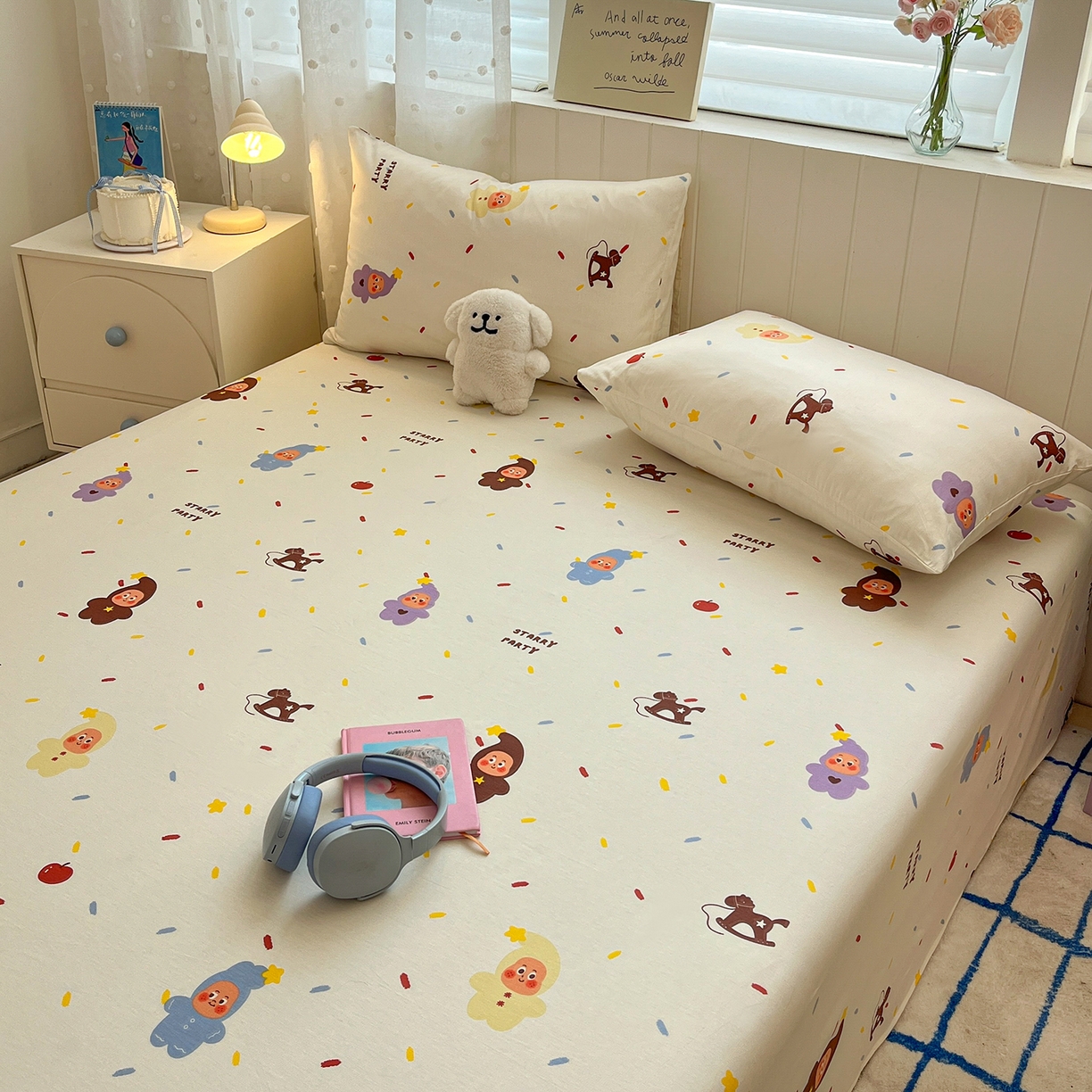 91家纺网 家纺一手货源 找家纺 桃子家居 2026新款纯棉全棉单品印花卡通可爱少女床单床笠枕套系列 棉单品-七彩星星