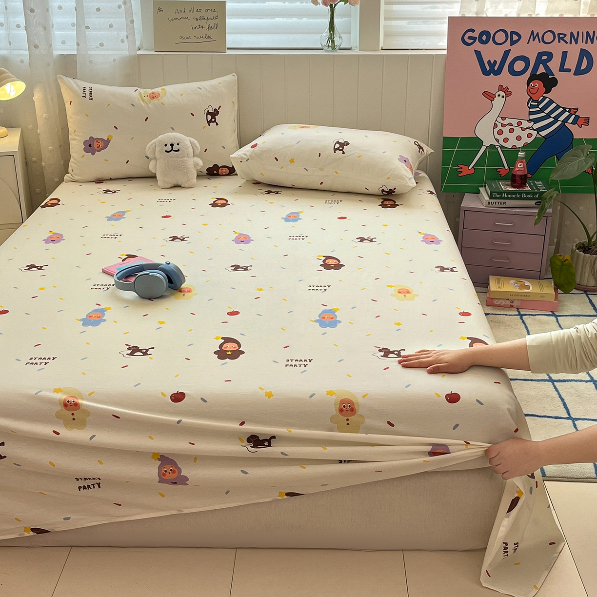 91家纺网 家纺一手货源 找家纺 桃子家居 2026新款纯棉全棉单品印花卡通可爱少女床单床笠枕套系列 棉单品-七彩星星