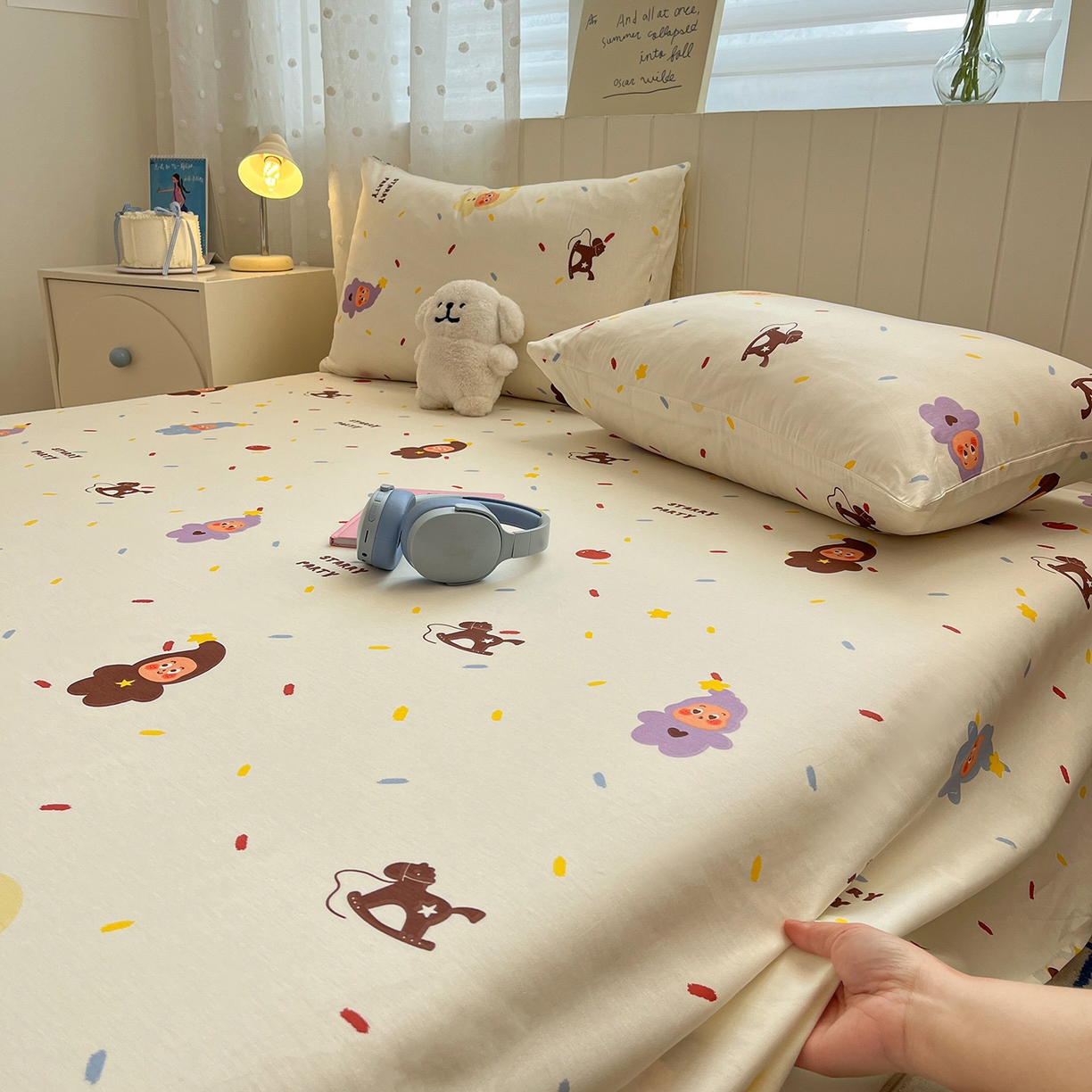 91家纺网 家纺一手货源 找家纺 桃子家居 2026新款纯棉全棉单品印花卡通可爱少女床单床笠枕套系列 棉单品-七彩星星