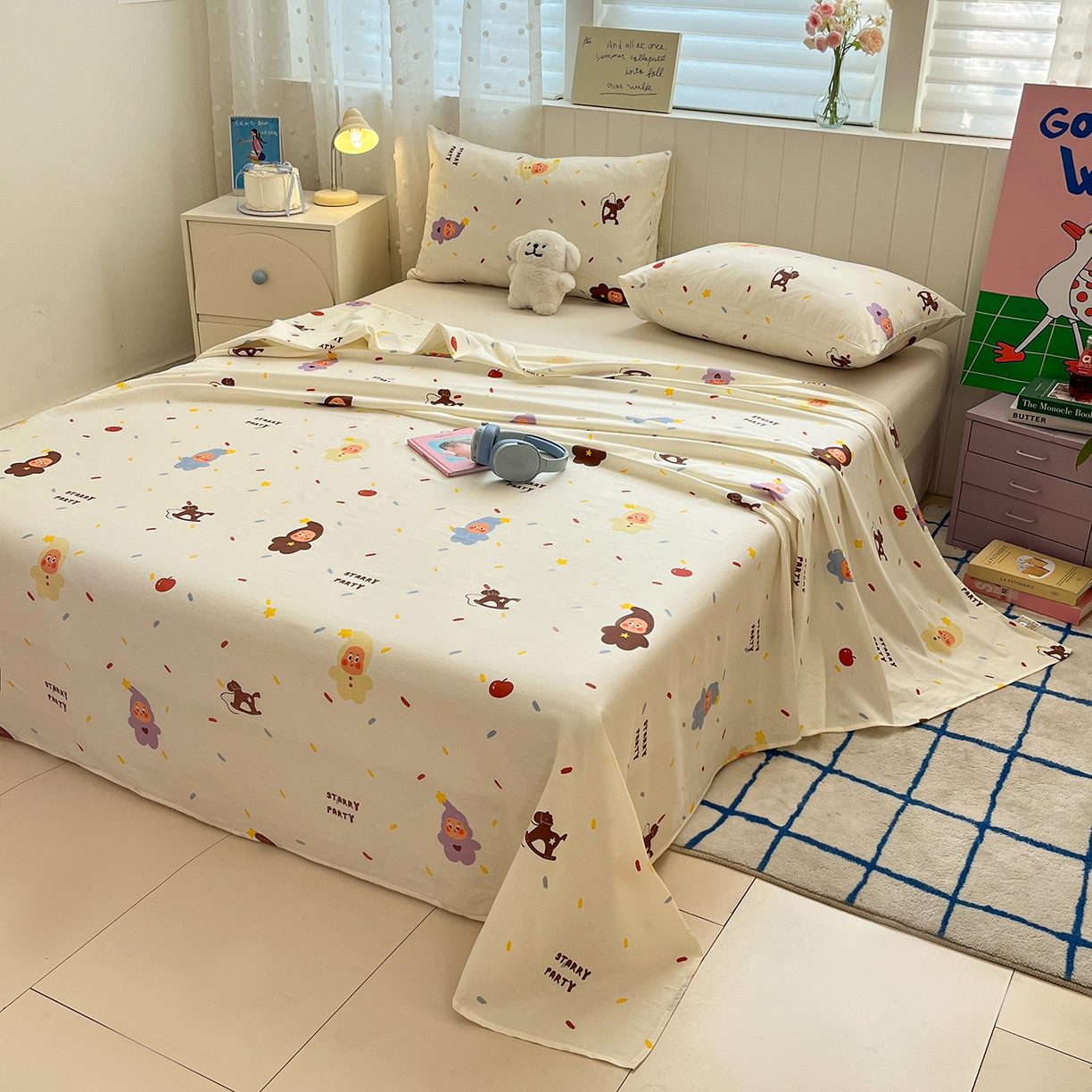 91家纺网 家纺一手货源 找家纺 桃子家居 2026新款纯棉全棉单品印花卡通可爱少女床单床笠枕套系列 棉单品-七彩星星