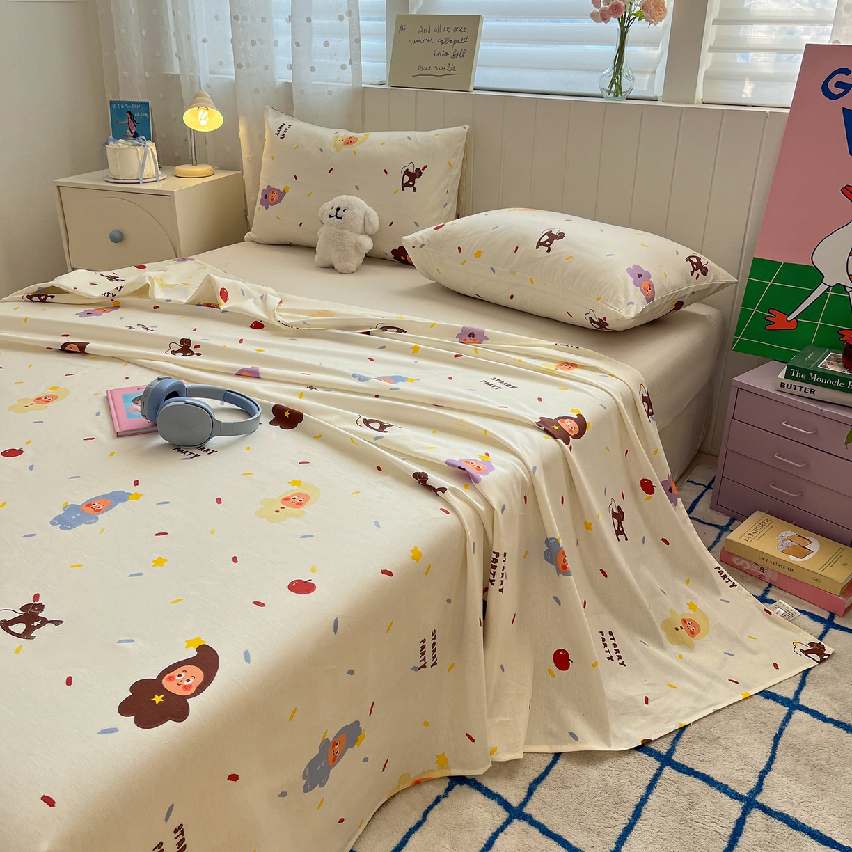 91家纺网 家纺一手货源 找家纺 桃子家居 2026新款纯棉全棉单品印花卡通可爱少女床单床笠枕套系列 棉单品-七彩星星