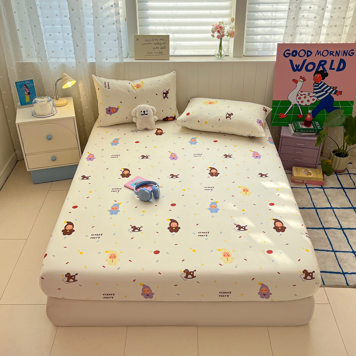91家纺网 家纺一手货源 找家纺 桃子家居 2026新款纯棉全棉单品印花卡通可爱少女床单床笠枕套系列 棉单品-七彩星星