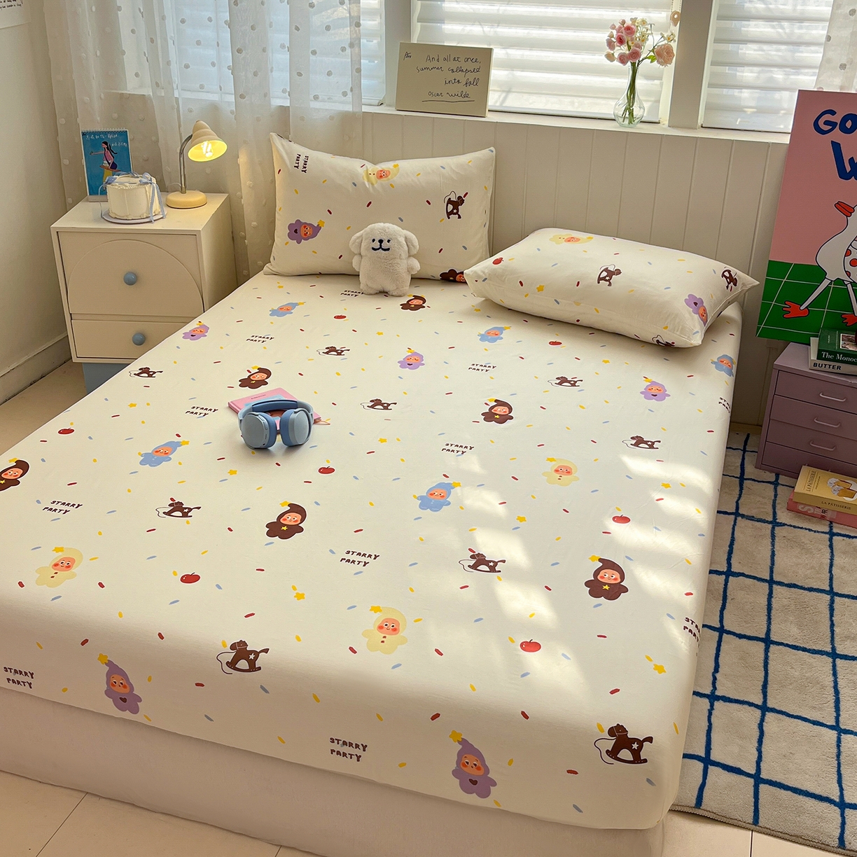 91家纺网 家纺一手货源 找家纺 桃子家居 2026新款纯棉全棉单品印花卡通可爱少女床单床笠枕套系列 棉单品-七彩星星