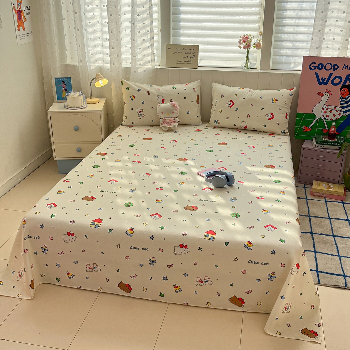 91家纺网 家纺一手货源 找家纺 桃子家居 2026新款纯棉全棉单品印花卡通可爱少女床单床笠枕套系列 棉单品-甜品猫咪