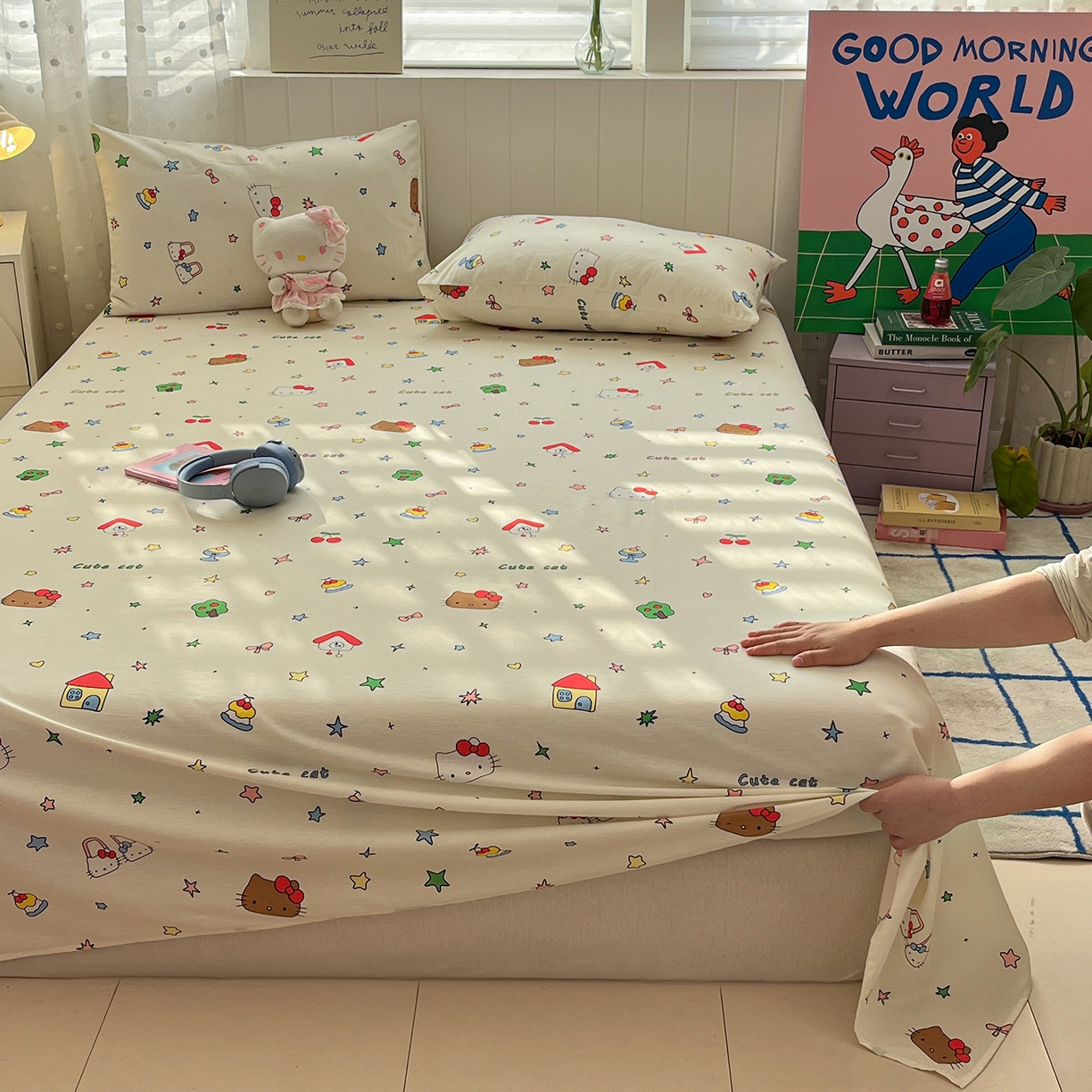 91家纺网 家纺一手货源 找家纺 桃子家居 2026新款纯棉全棉单品印花卡通可爱少女床单床笠枕套系列 棉单品-甜品猫咪