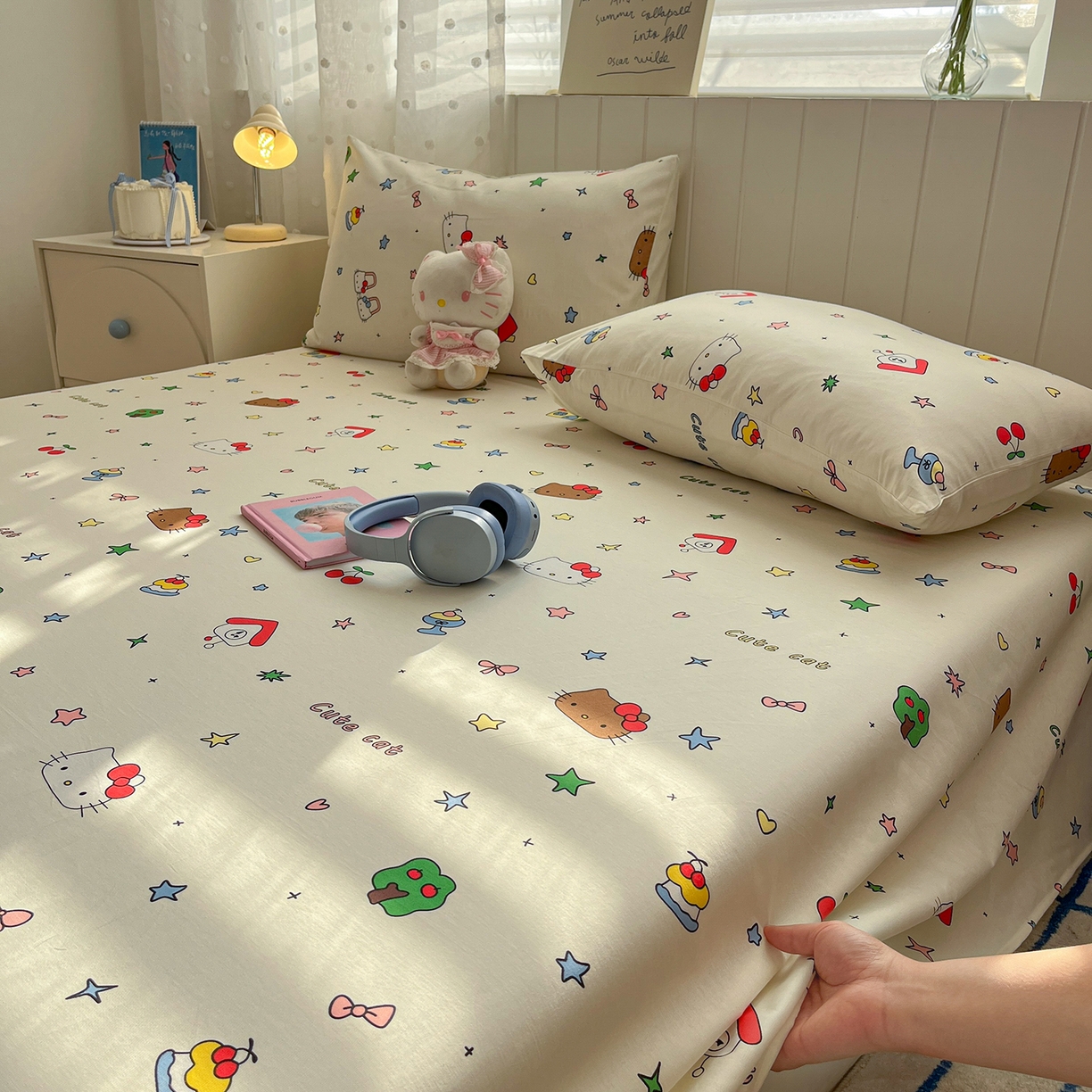 91家纺网 家纺一手货源 找家纺 桃子家居 2026新款纯棉全棉单品印花卡通可爱少女床单床笠枕套系列 棉单品-甜品猫咪