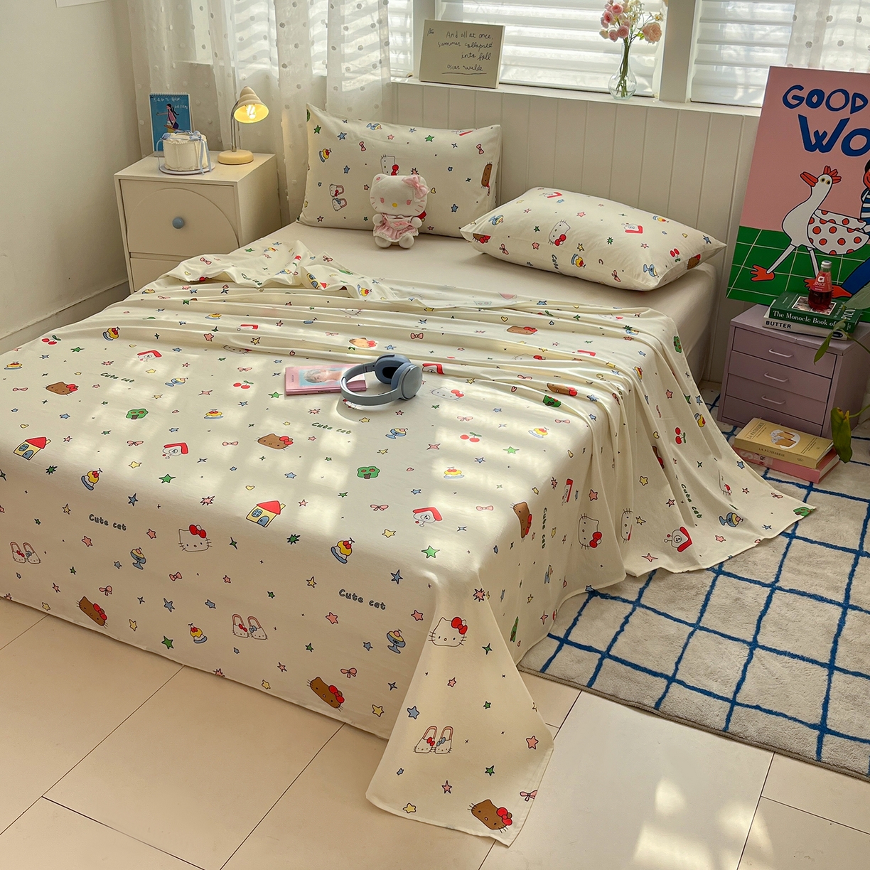91家纺网 家纺一手货源 找家纺 桃子家居 2026新款纯棉全棉单品印花卡通可爱少女床单床笠枕套系列 棉单品-甜品猫咪