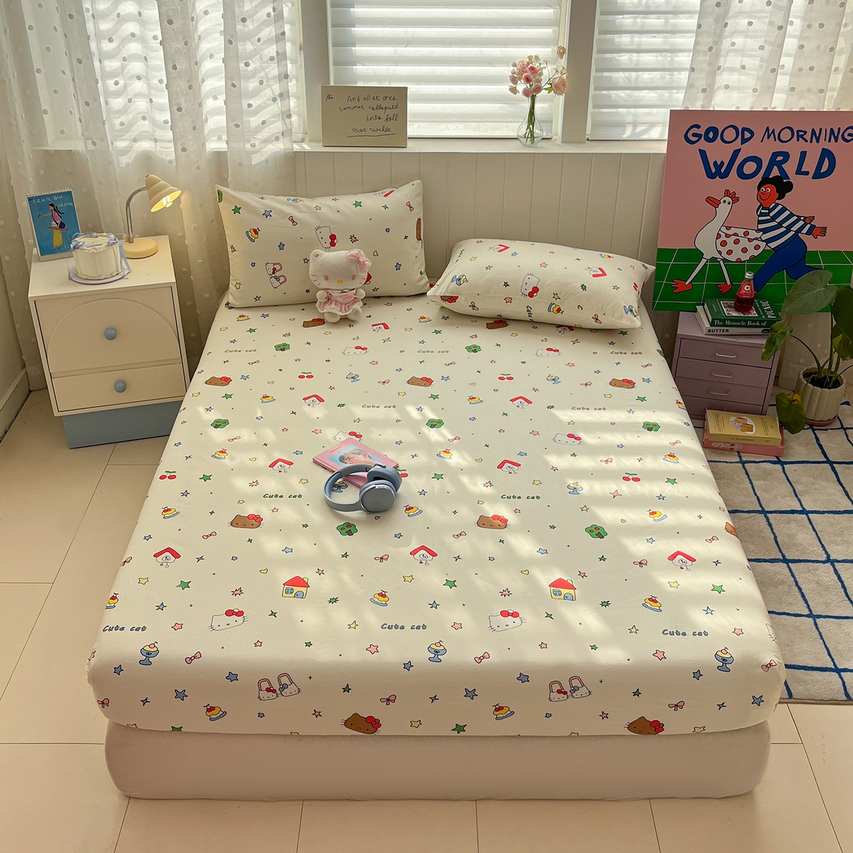 91家纺网 家纺一手货源 找家纺 桃子家居 2026新款纯棉全棉单品印花卡通可爱少女床单床笠枕套系列 棉单品-甜品猫咪