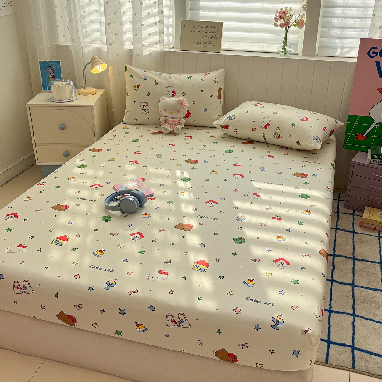 91家纺网 家纺一手货源 找家纺 桃子家居 2026新款纯棉全棉单品印花卡通可爱少女床单床笠枕套系列 棉单品-甜品猫咪