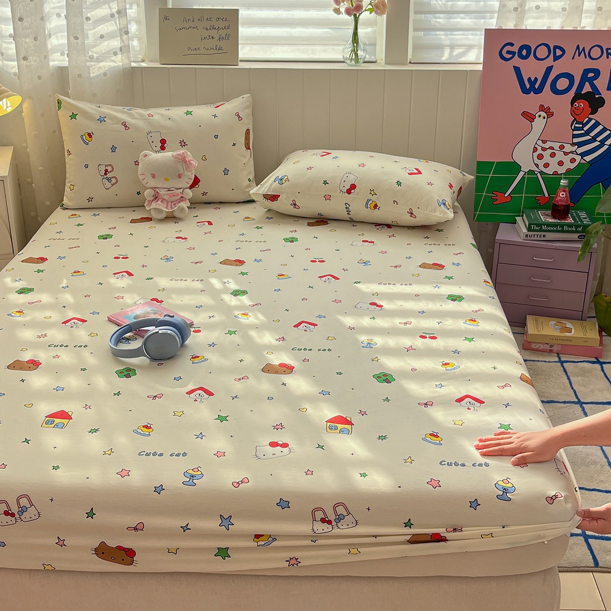 91家纺网 家纺一手货源 找家纺 桃子家居 2026新款纯棉全棉单品印花卡通可爱少女床单床笠枕套系列 棉单品-甜品猫咪