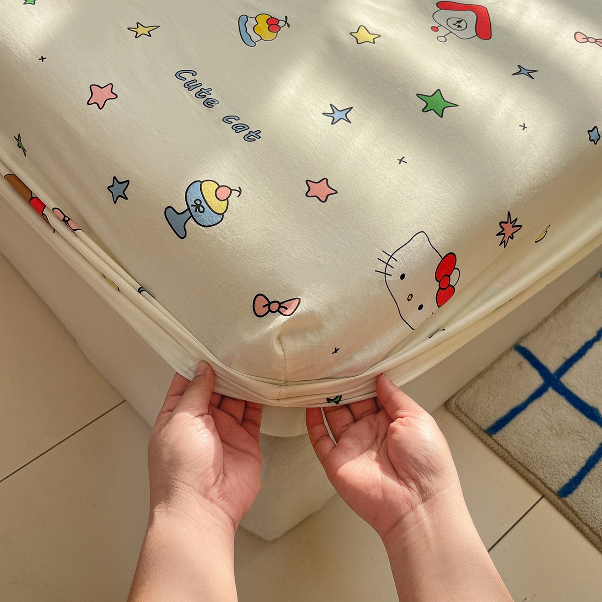 91家纺网 家纺一手货源 找家纺 桃子家居 2026新款纯棉全棉单品印花卡通可爱少女床单床笠枕套系列 棉单品-甜品猫咪