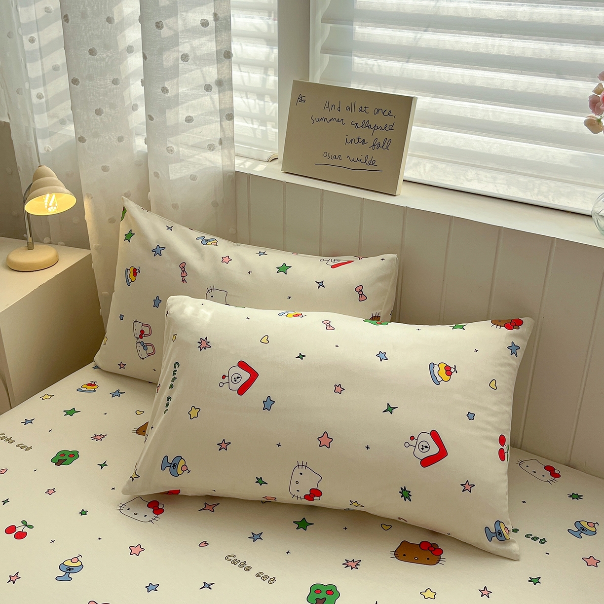 91家纺网 家纺一手货源 找家纺 桃子家居 2026新款纯棉全棉单品印花卡通可爱少女床单床笠枕套系列 棉单品-甜品猫咪