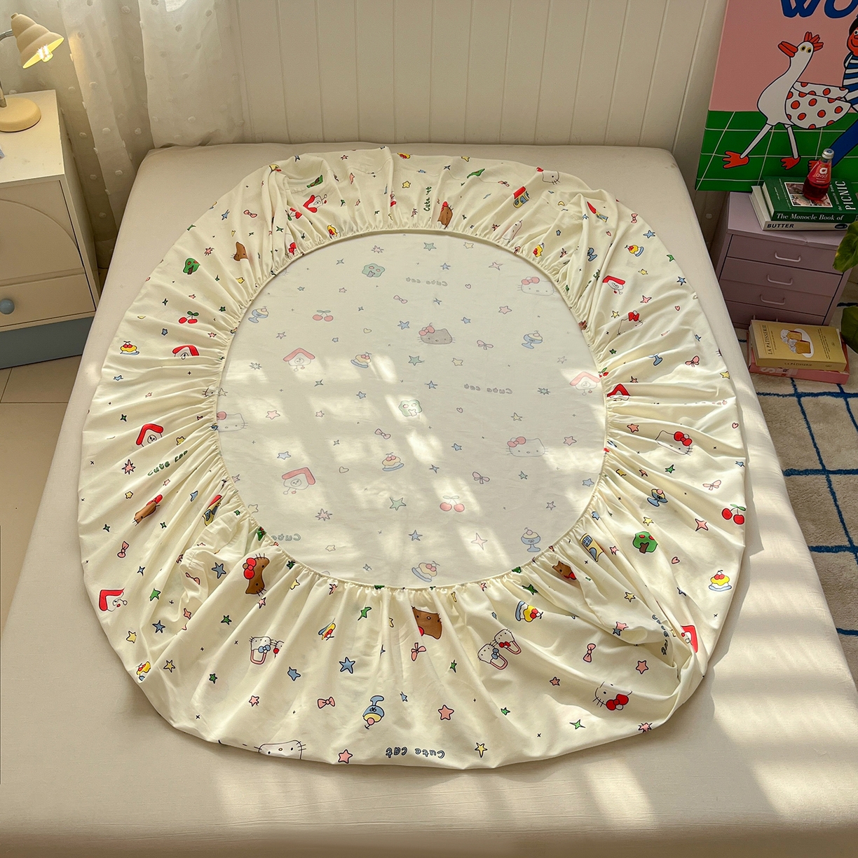 91家纺网 家纺一手货源 找家纺 桃子家居 2026新款纯棉全棉单品印花卡通可爱少女床单床笠枕套系列 棉单品-甜品猫咪