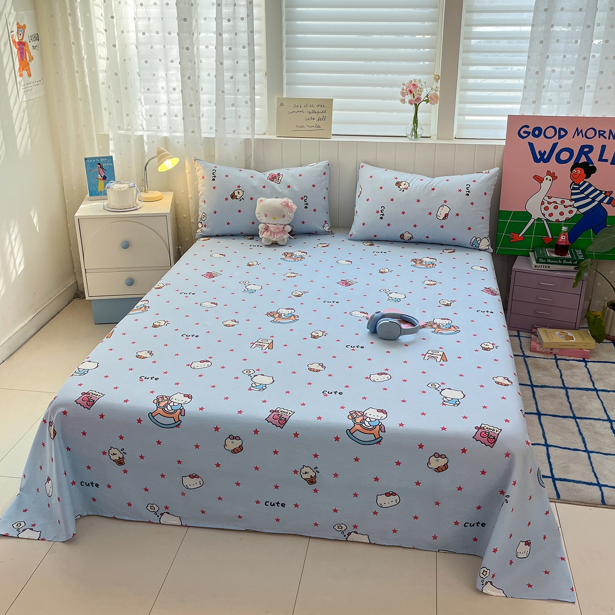 91家纺网 家纺一手货源 找家纺 桃子家居 2026新款纯棉全棉单品印花卡通可爱少女床单床笠枕套系列 棉单品-摇摇马猫咪