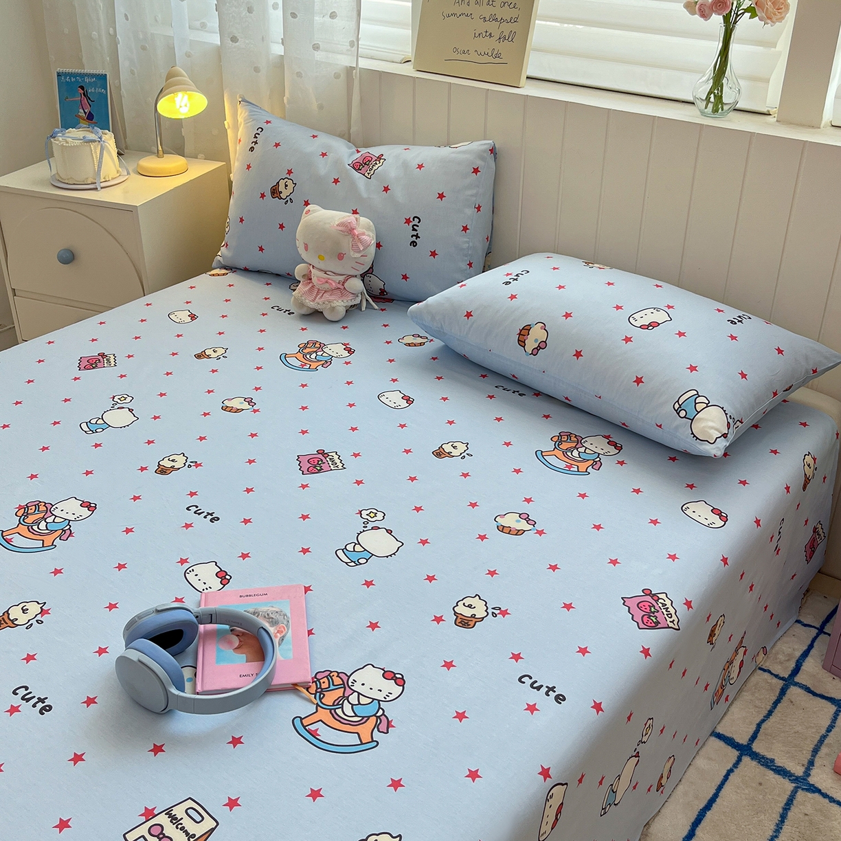 91家纺网 家纺一手货源 找家纺 桃子家居 2026新款纯棉全棉单品印花卡通可爱少女床单床笠枕套系列 棉单品-摇摇马猫咪