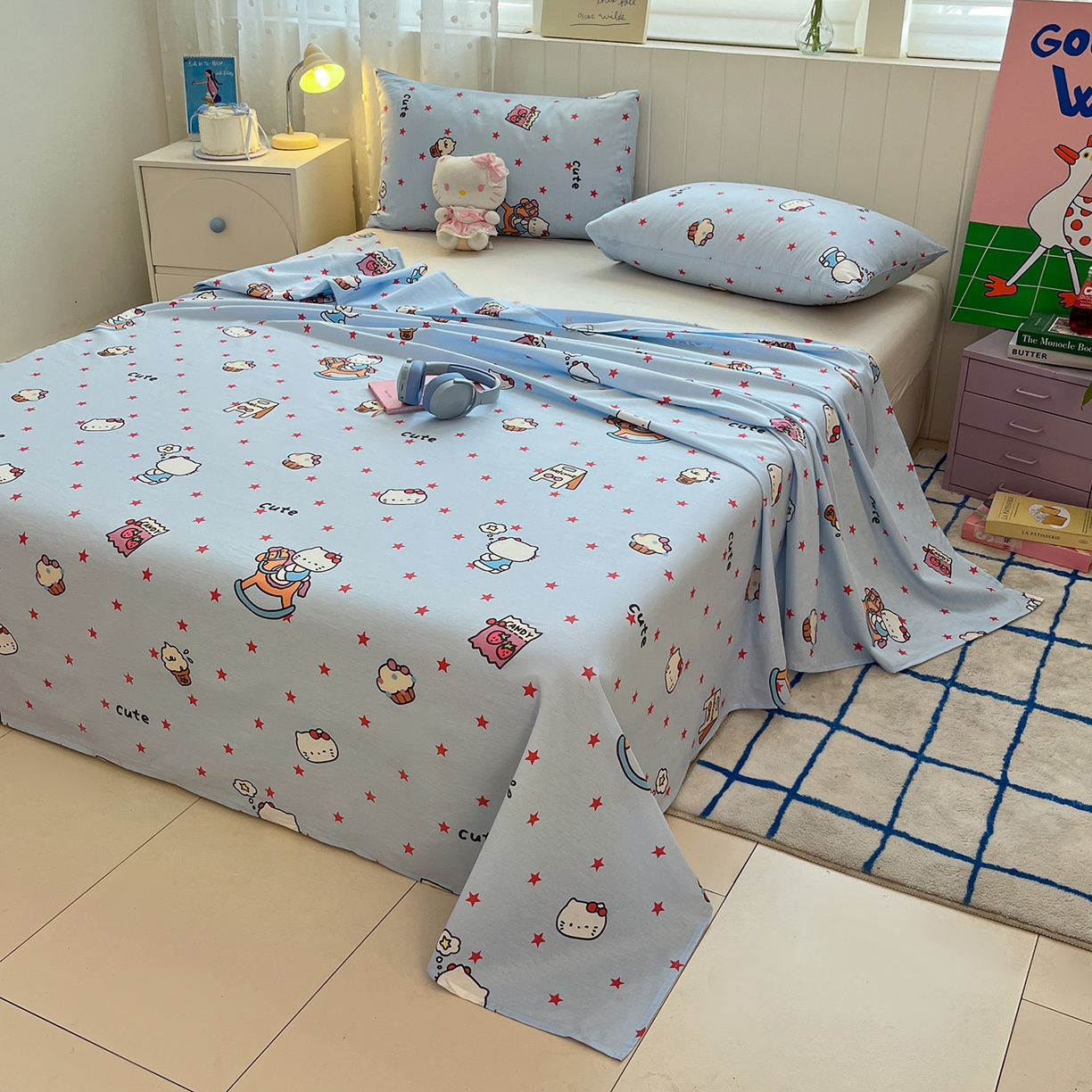 91家纺网 家纺一手货源 找家纺 桃子家居 2026新款纯棉全棉单品印花卡通可爱少女床单床笠枕套系列 棉单品-摇摇马猫咪