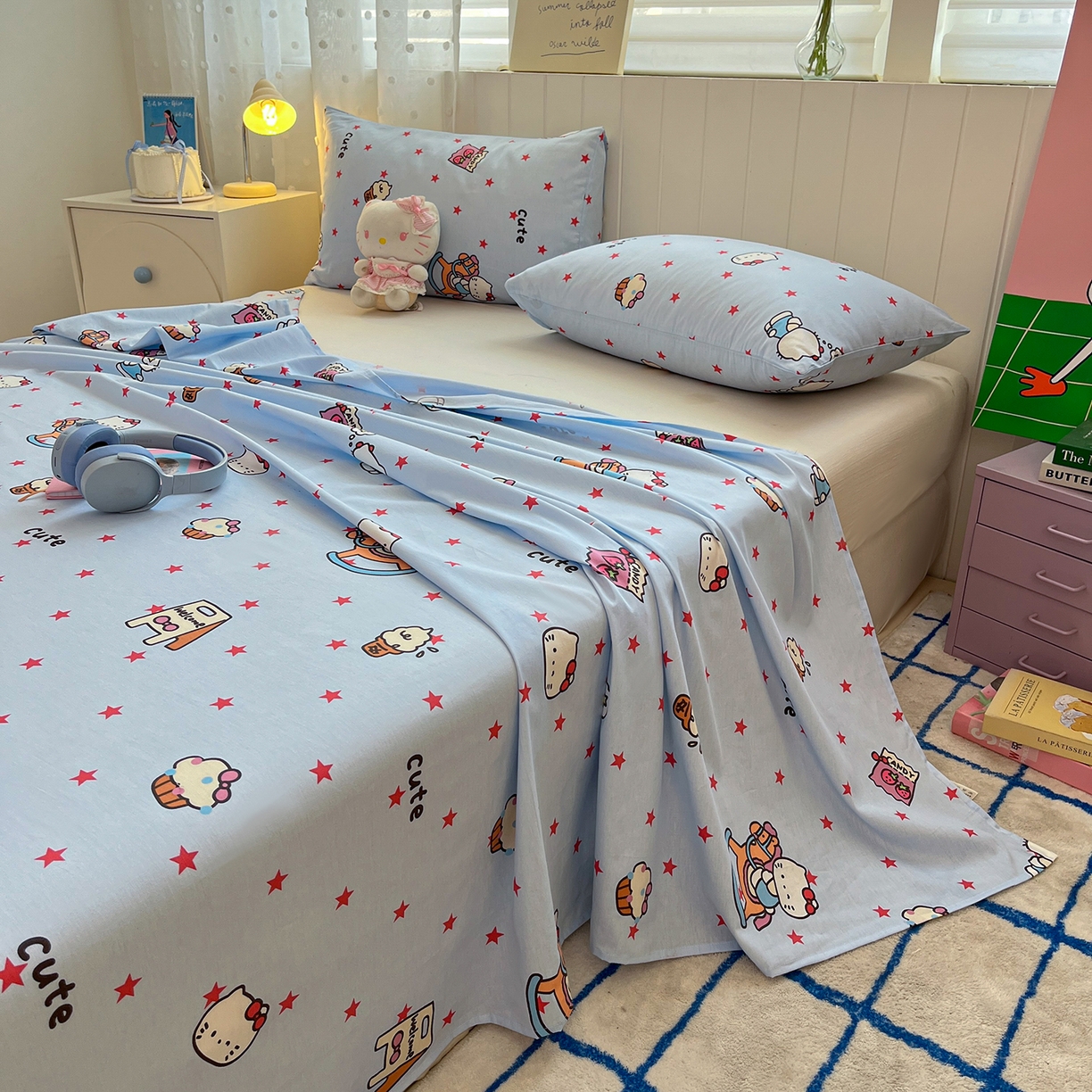 91家纺网 家纺一手货源 找家纺 桃子家居 2026新款纯棉全棉单品印花卡通可爱少女床单床笠枕套系列 棉单品-摇摇马猫咪