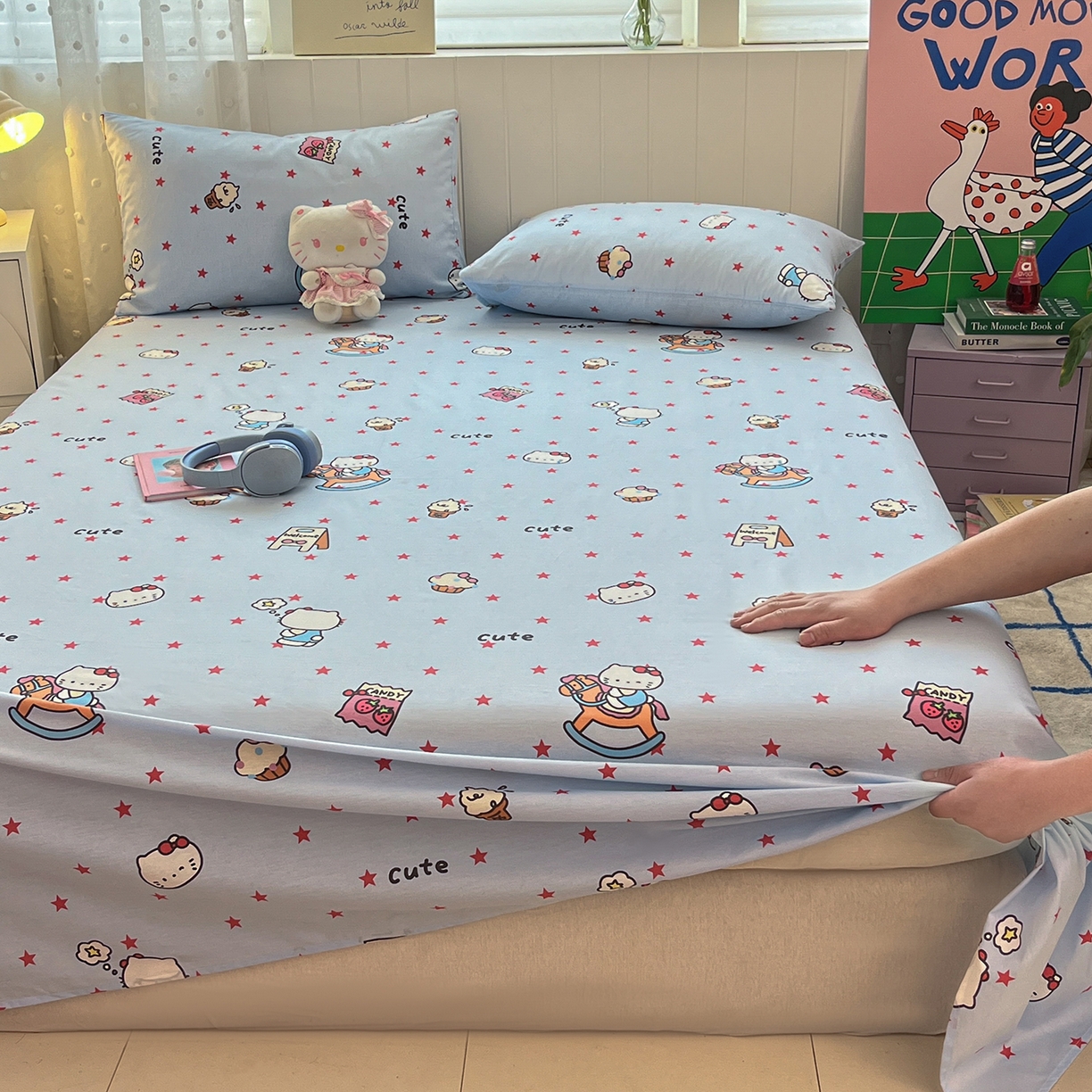 91家纺网 家纺一手货源 找家纺 桃子家居 2026新款纯棉全棉单品印花卡通可爱少女床单床笠枕套系列 棉单品-摇摇马猫咪