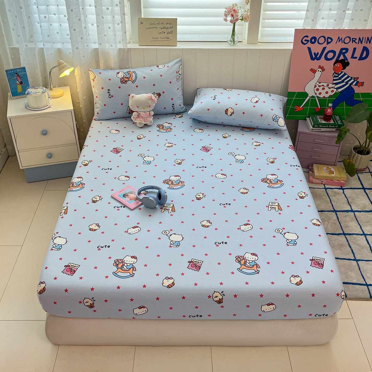 91家纺网 家纺一手货源 找家纺 桃子家居 2026新款纯棉全棉单品印花卡通可爱少女床单床笠枕套系列 棉单品-摇摇马猫咪