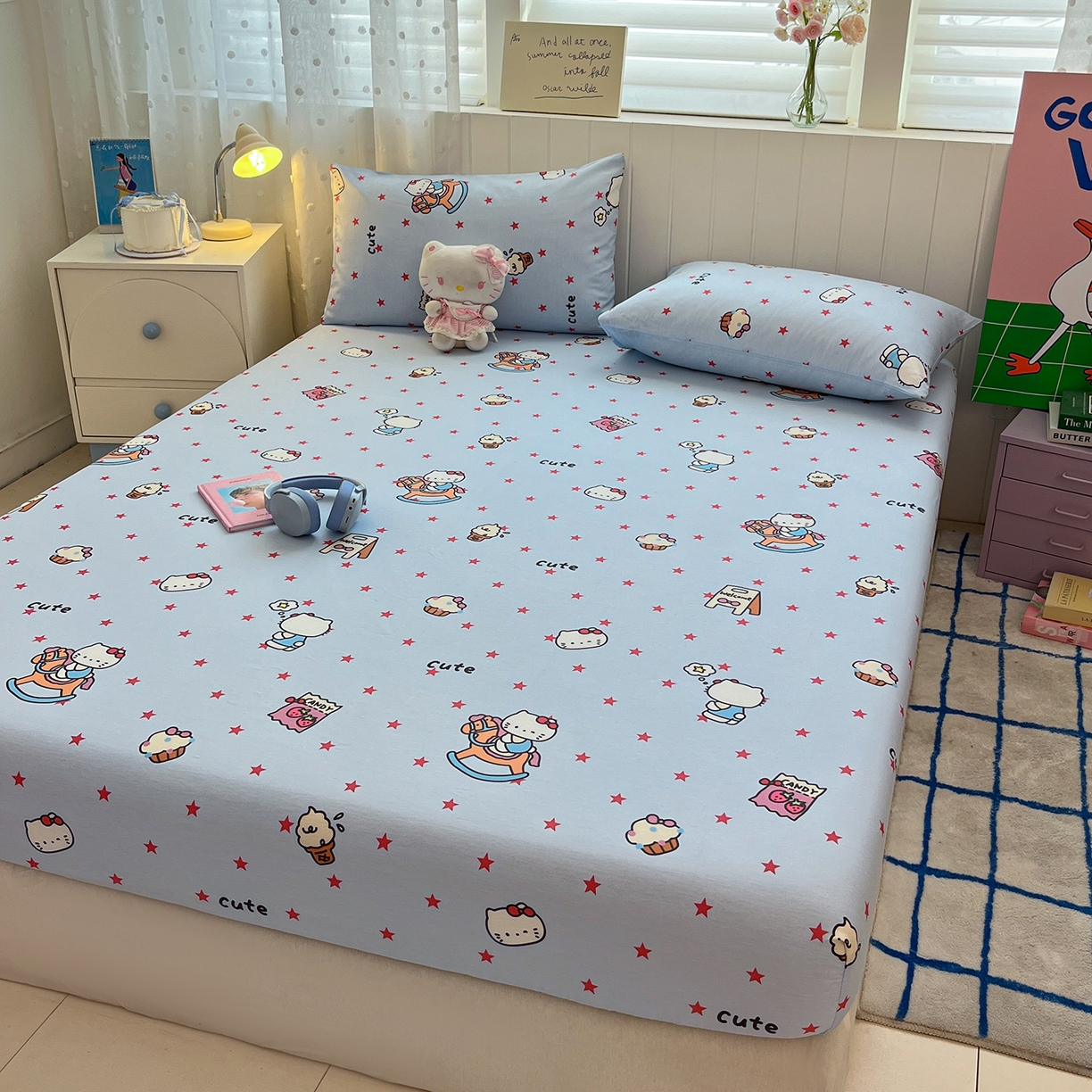 91家纺网 家纺一手货源 找家纺 桃子家居 2026新款纯棉全棉单品印花卡通可爱少女床单床笠枕套系列 棉单品-摇摇马猫咪