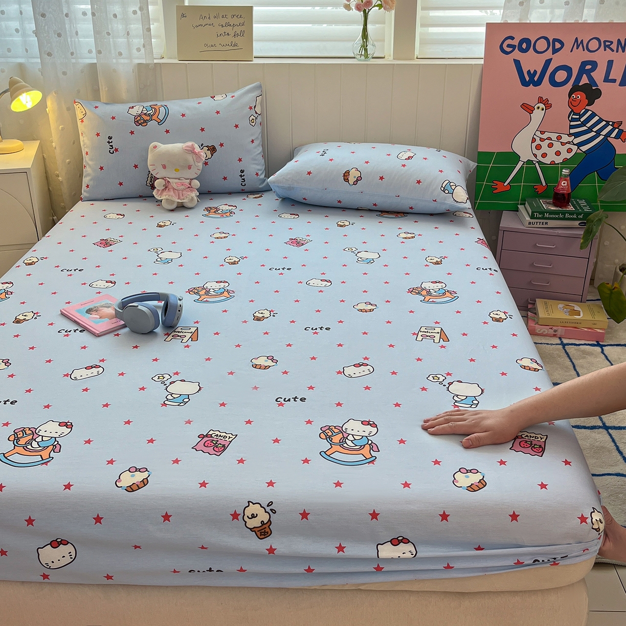 91家纺网 家纺一手货源 找家纺 桃子家居 2026新款纯棉全棉单品印花卡通可爱少女床单床笠枕套系列 棉单品-摇摇马猫咪