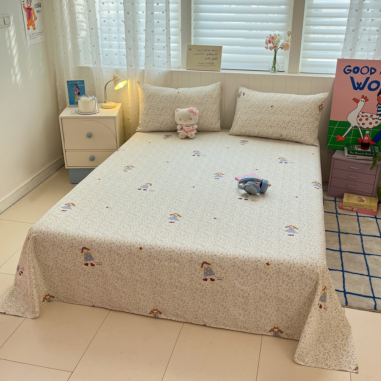 91家纺网 家纺一手货源 找家纺 桃子家居 2026新款纯棉全棉单品印花卡通可爱少女床单床笠枕套系列 棉单品-紫花女孩