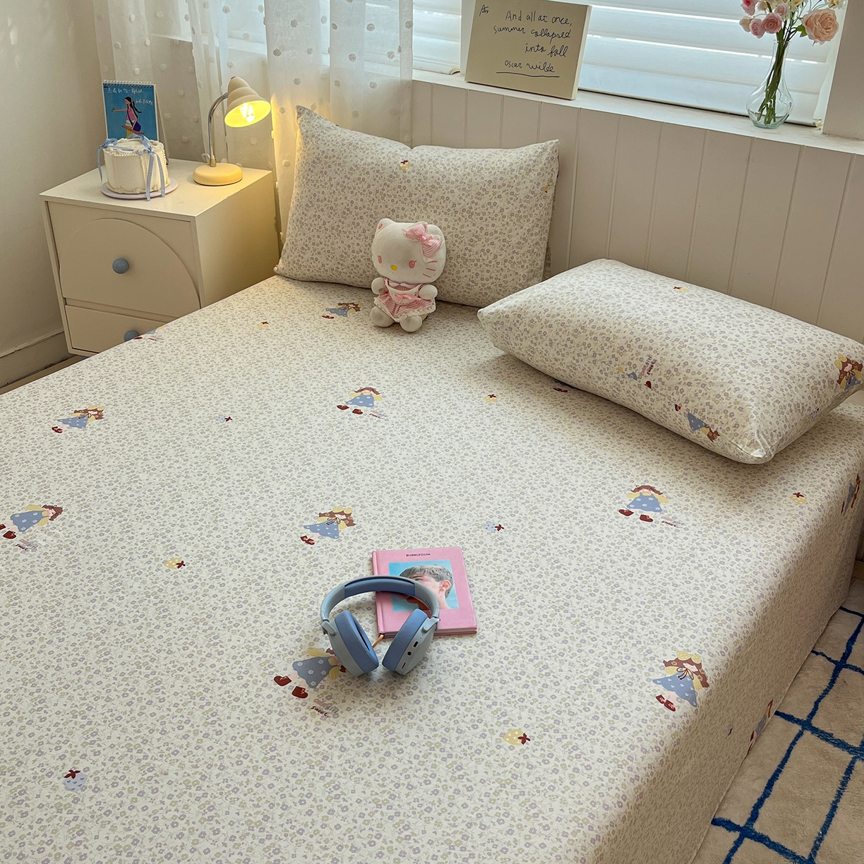 91家纺网 家纺一手货源 找家纺 桃子家居 2026新款纯棉全棉单品印花卡通可爱少女床单床笠枕套系列 棉单品-紫花女孩