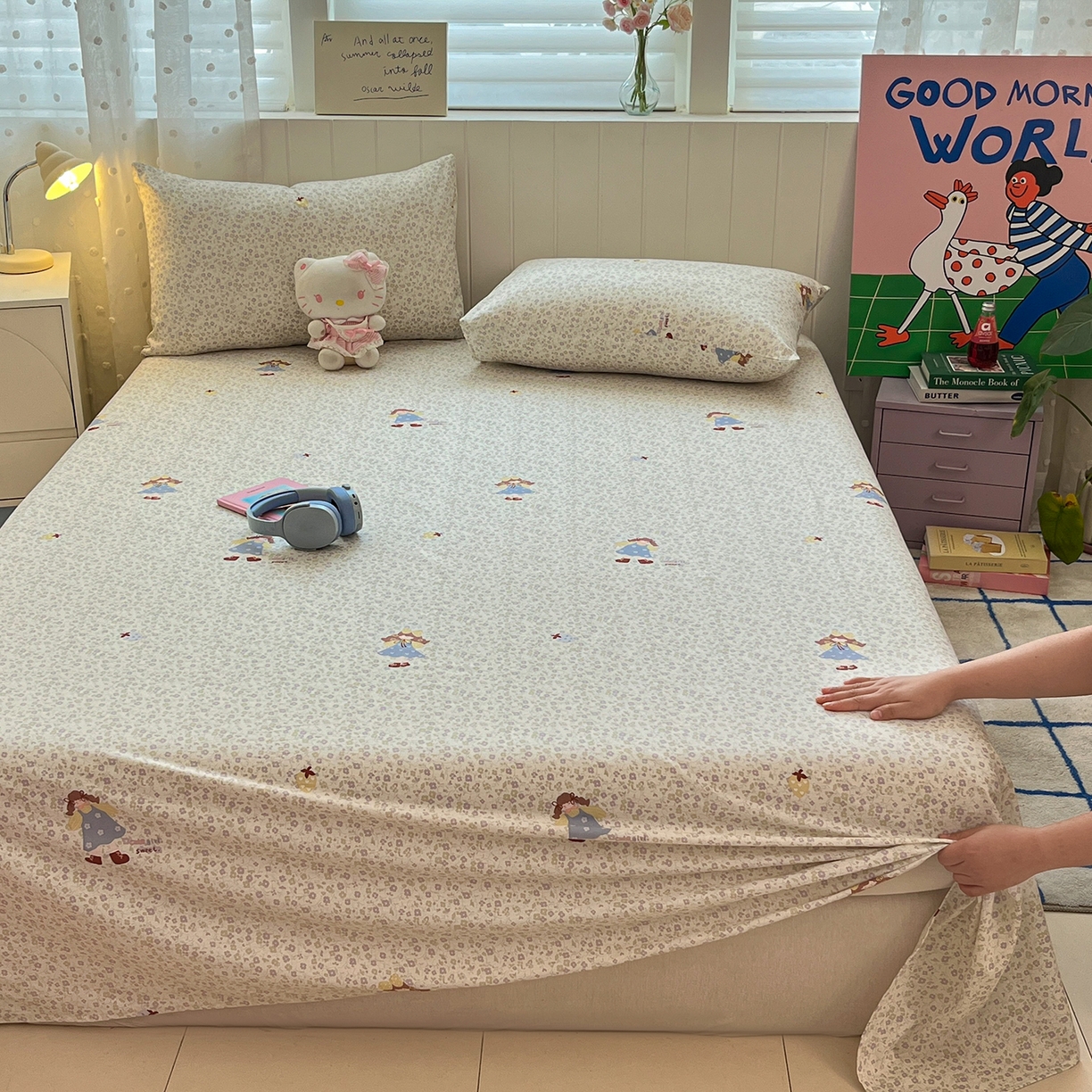 91家纺网 家纺一手货源 找家纺 桃子家居 2026新款纯棉全棉单品印花卡通可爱少女床单床笠枕套系列 棉单品-紫花女孩