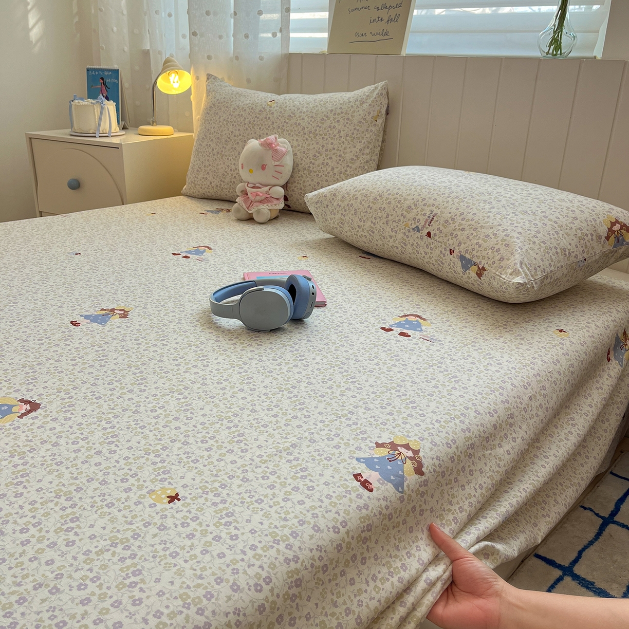 91家纺网 家纺一手货源 找家纺 桃子家居 2026新款纯棉全棉单品印花卡通可爱少女床单床笠枕套系列 棉单品-紫花女孩