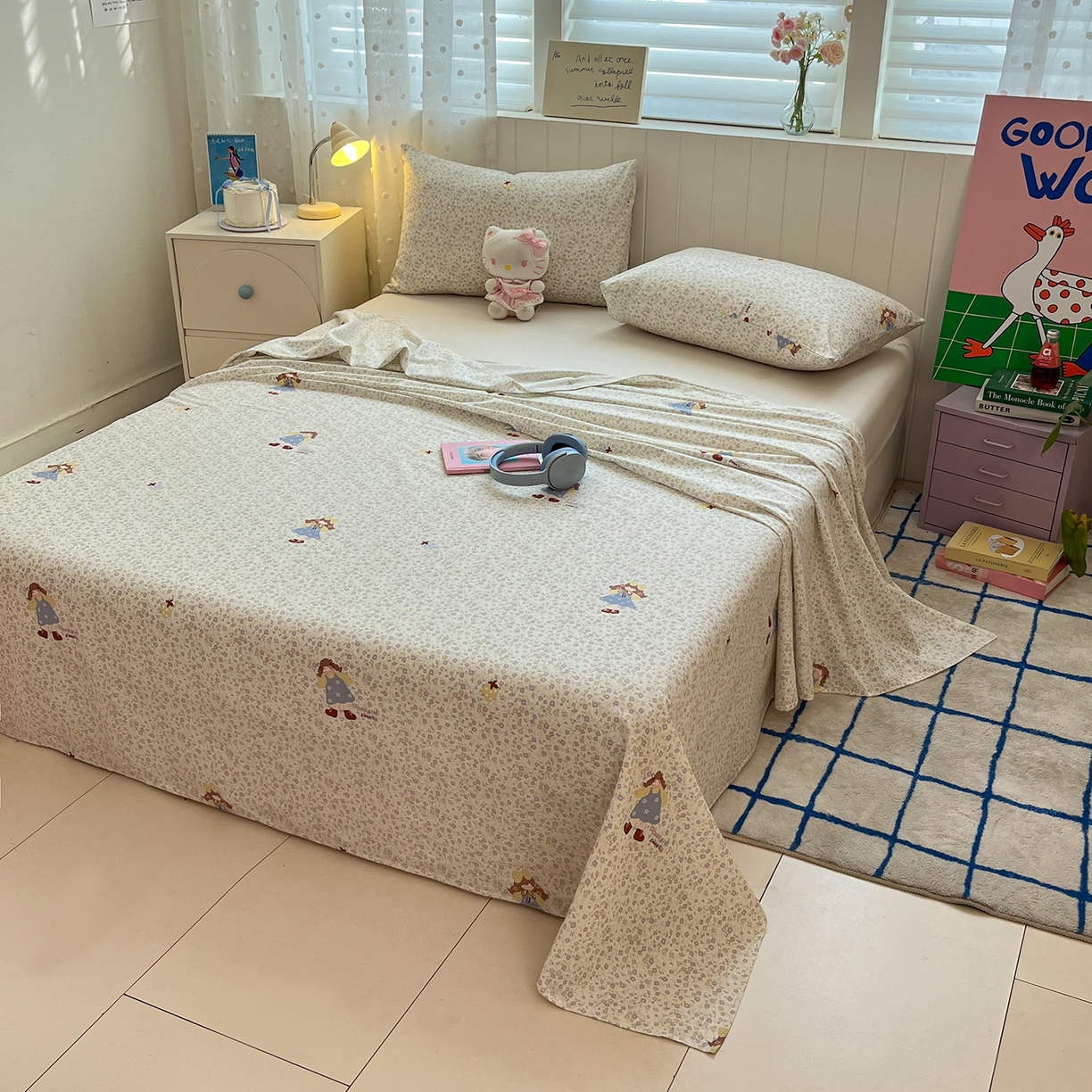 91家纺网 家纺一手货源 找家纺 桃子家居 2026新款纯棉全棉单品印花卡通可爱少女床单床笠枕套系列 棉单品-紫花女孩