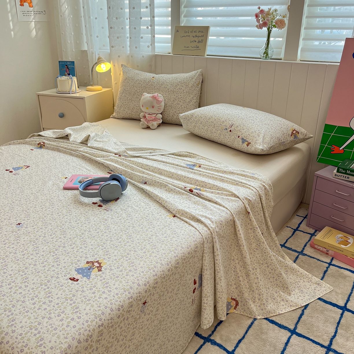 91家纺网 家纺一手货源 找家纺 桃子家居 2026新款纯棉全棉单品印花卡通可爱少女床单床笠枕套系列 棉单品-紫花女孩