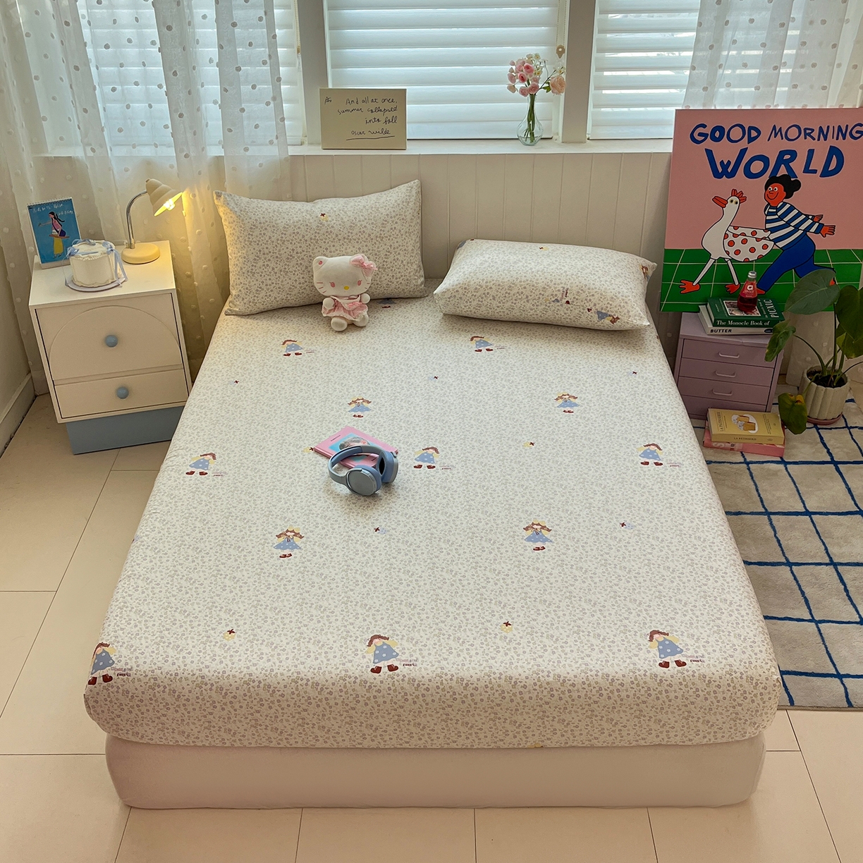 91家纺网 家纺一手货源 找家纺 桃子家居 2026新款纯棉全棉单品印花卡通可爱少女床单床笠枕套系列 棉单品-紫花女孩