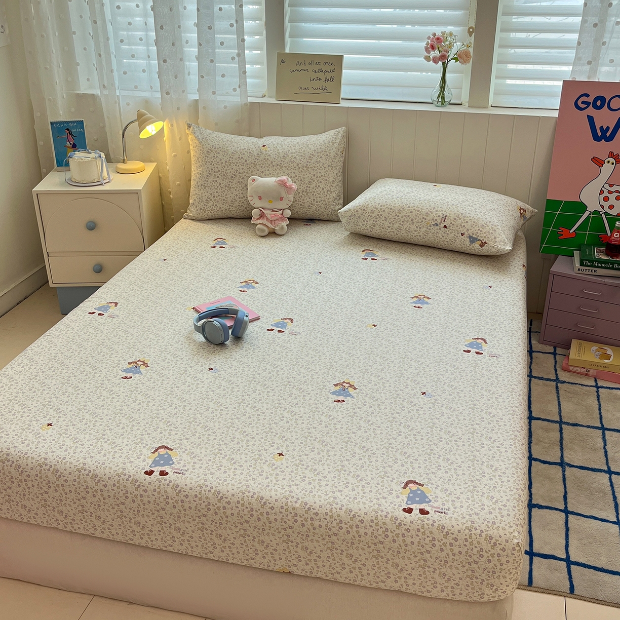 91家纺网 家纺一手货源 找家纺 桃子家居 2026新款纯棉全棉单品印花卡通可爱少女床单床笠枕套系列 棉单品-紫花女孩