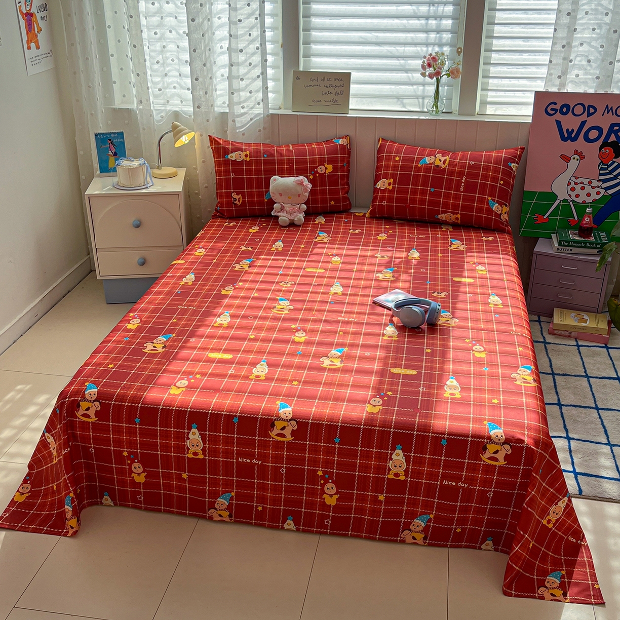 91家纺网 家纺一手货源 找家纺 桃子家居 2026新款纯棉全棉单品印花卡通可爱少女床单床笠枕套系列 棉单品-棕糖星星