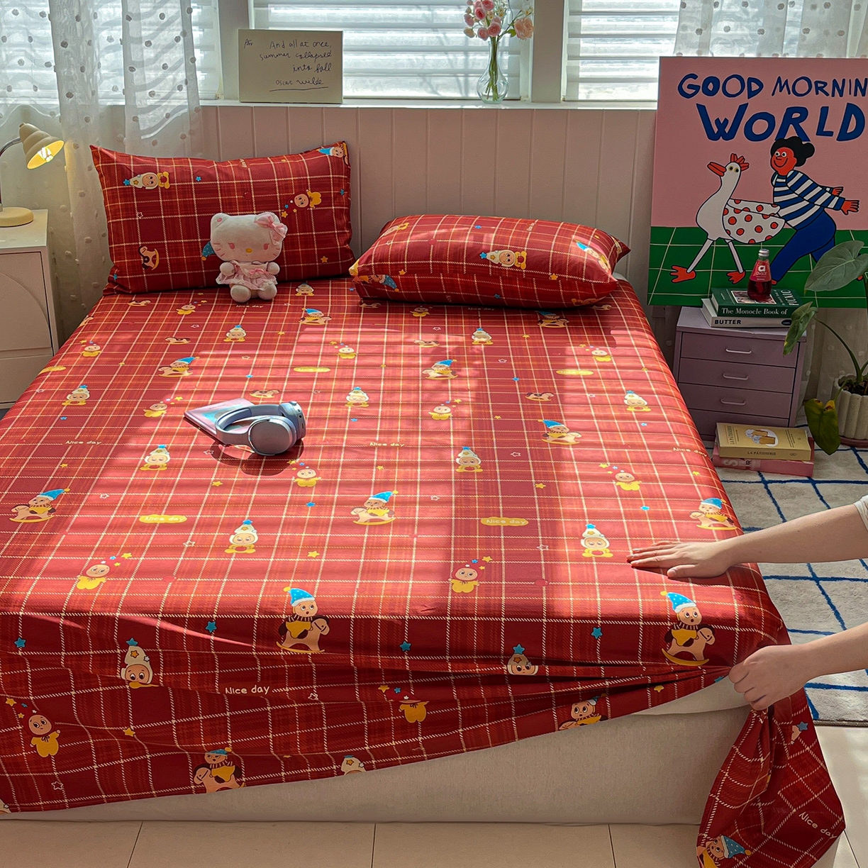 91家纺网 家纺一手货源 找家纺 桃子家居 2026新款纯棉全棉单品印花卡通可爱少女床单床笠枕套系列 棉单品-棕糖星星