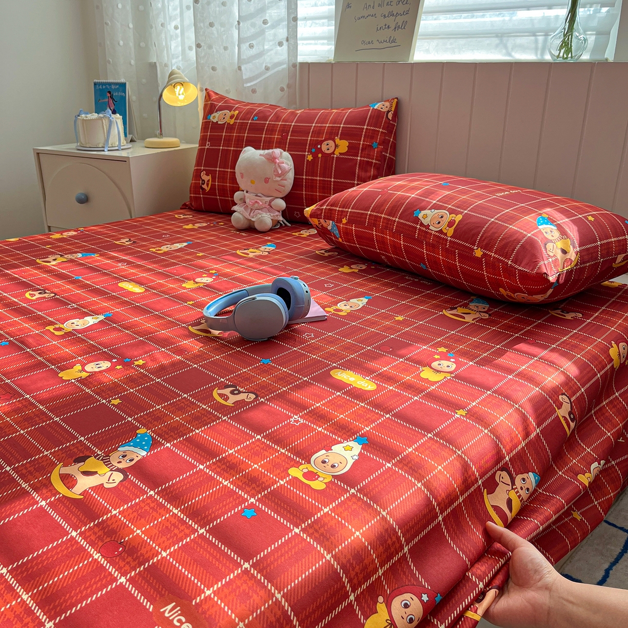 91家纺网 家纺一手货源 找家纺 桃子家居 2026新款纯棉全棉单品印花卡通可爱少女床单床笠枕套系列 棉单品-棕糖星星