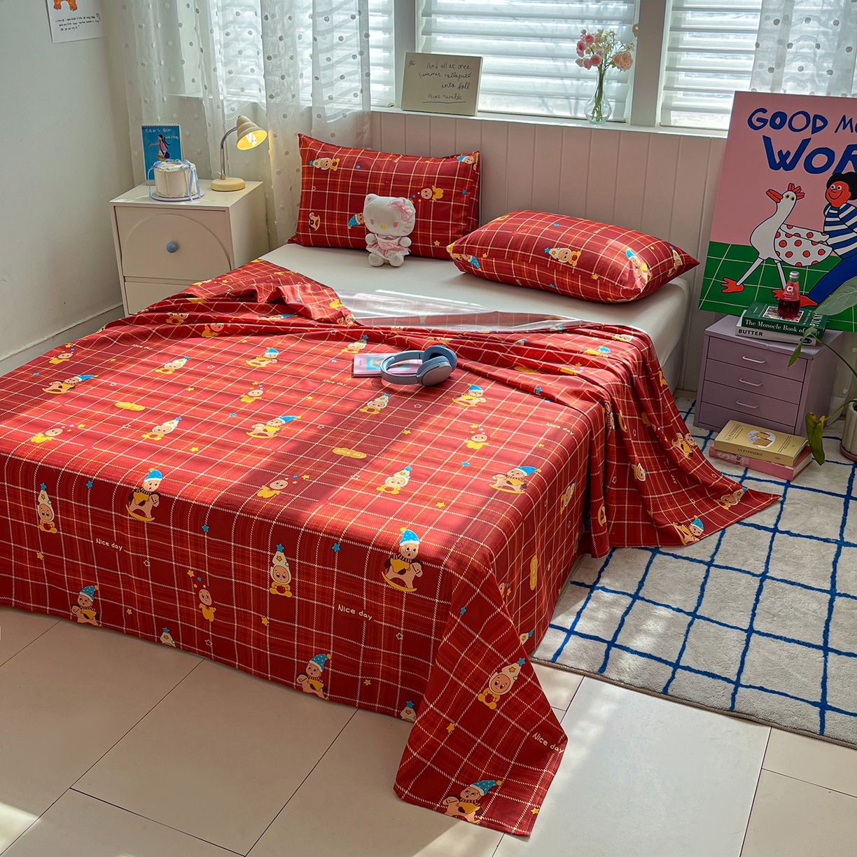 91家纺网 家纺一手货源 找家纺 桃子家居 2026新款纯棉全棉单品印花卡通可爱少女床单床笠枕套系列 棉单品-棕糖星星