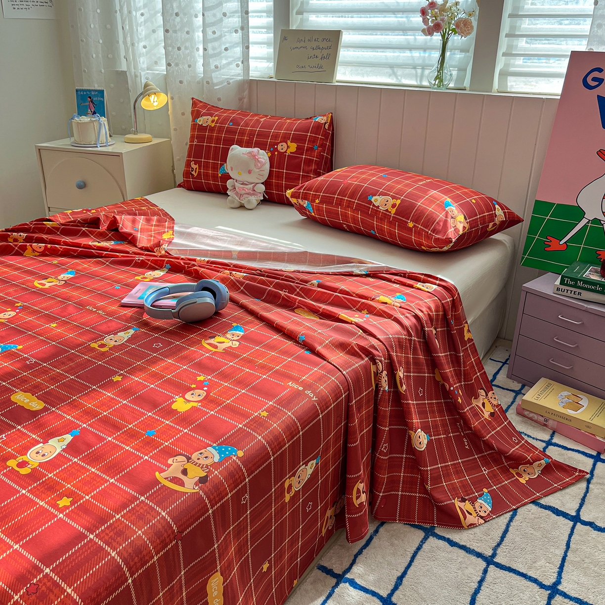 91家纺网 家纺一手货源 找家纺 桃子家居 2026新款纯棉全棉单品印花卡通可爱少女床单床笠枕套系列 棉单品-棕糖星星