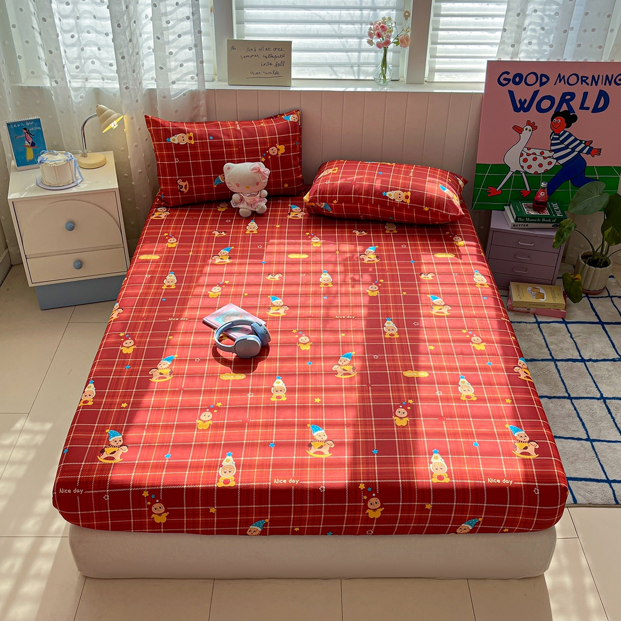 91家纺网 家纺一手货源 找家纺 桃子家居 2026新款纯棉全棉单品印花卡通可爱少女床单床笠枕套系列 棉单品-棕糖星星