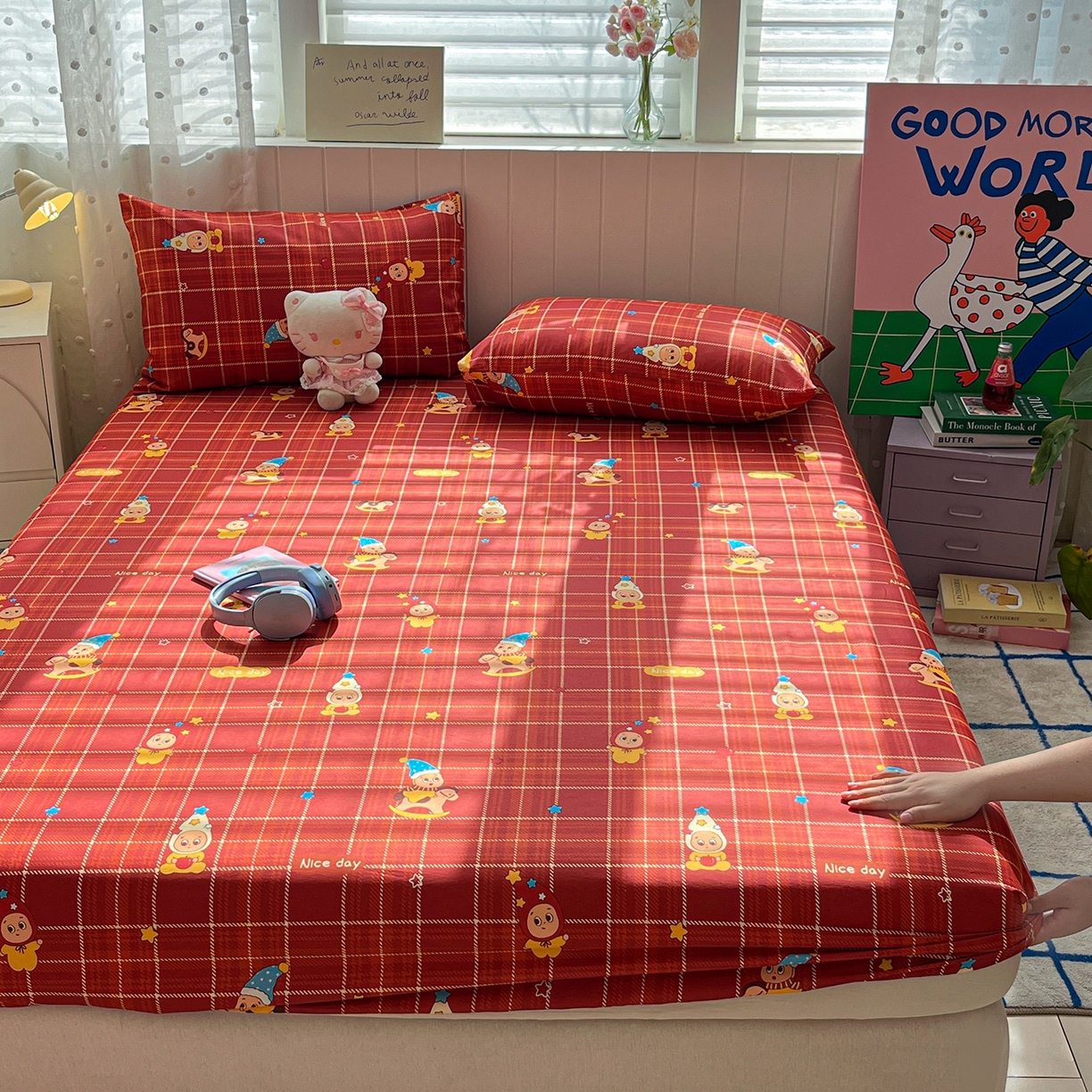 91家纺网 家纺一手货源 找家纺 桃子家居 2026新款纯棉全棉单品印花卡通可爱少女床单床笠枕套系列 棉单品-棕糖星星