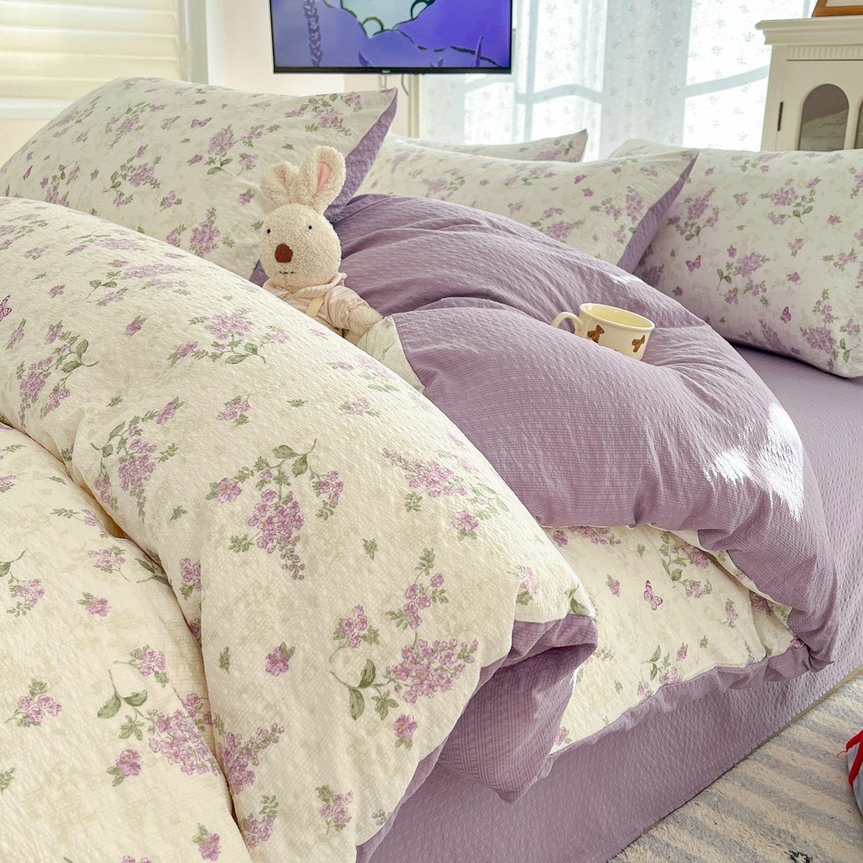 玉海棠家纺 2026新款直播爆款高品质高克重泡泡纱泡芙纱四件套 蝴蝶飞飞