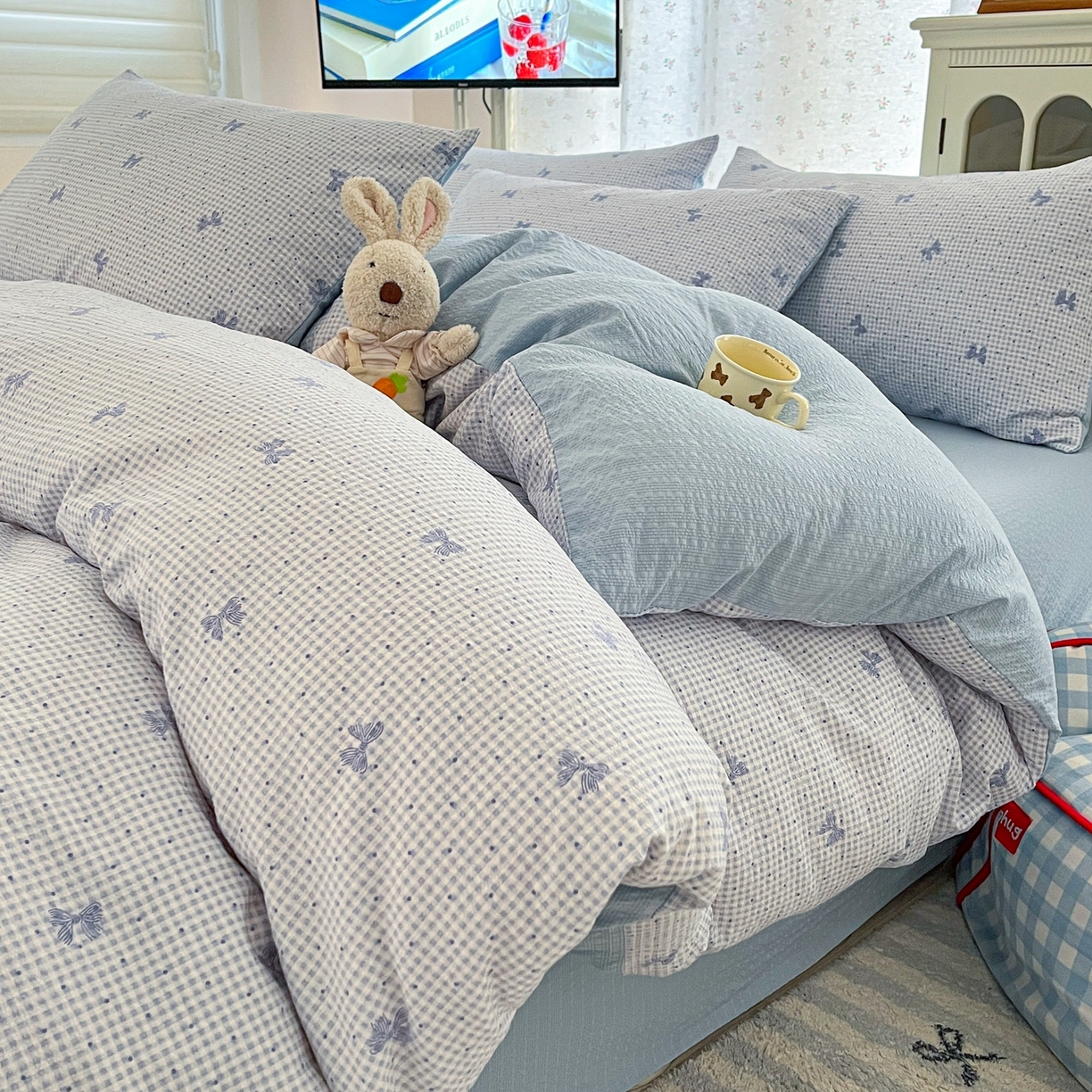 玉海棠家纺 2026新款直播爆款高品质高克重泡泡纱泡芙纱四件套 蝴蝶结蓝格