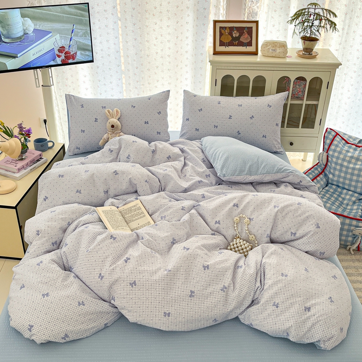 91家纺网 家纺一手货源 找家纺 玉海棠家纺 2026新款直播爆款高品质高克重泡泡纱泡芙纱四件套 蝴蝶结蓝格