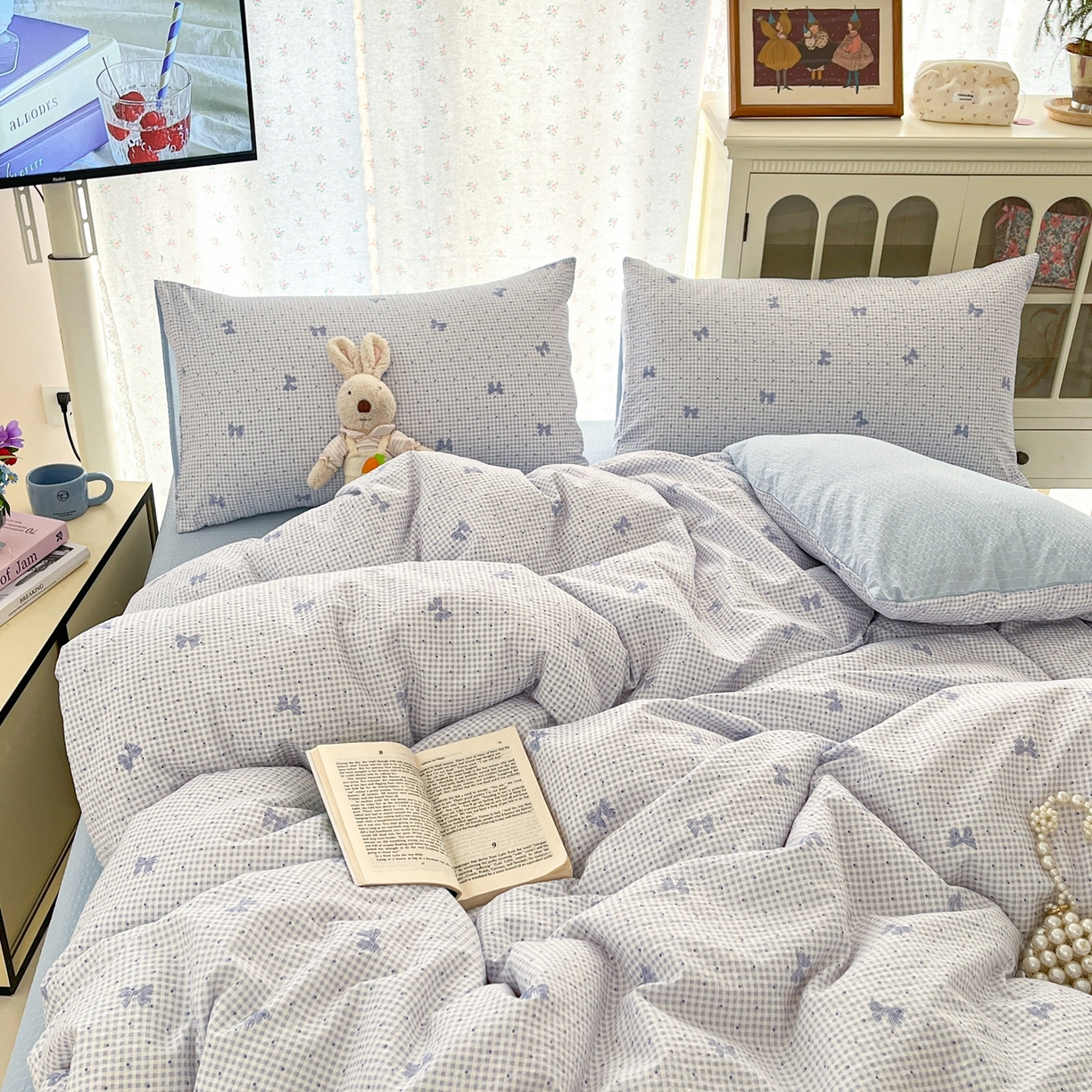 91家纺网 家纺一手货源 找家纺 玉海棠家纺 2026新款直播爆款高品质高克重泡泡纱泡芙纱四件套 蝴蝶结蓝格