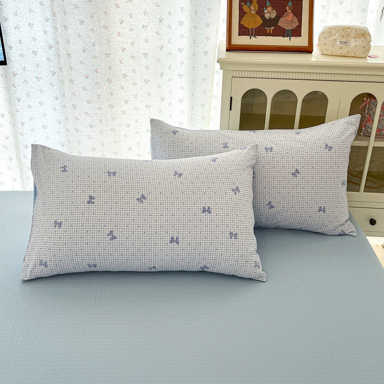 91家纺网 家纺一手货源 找家纺 玉海棠家纺 2026新款直播爆款高品质高克重泡泡纱泡芙纱四件套 蝴蝶结蓝格