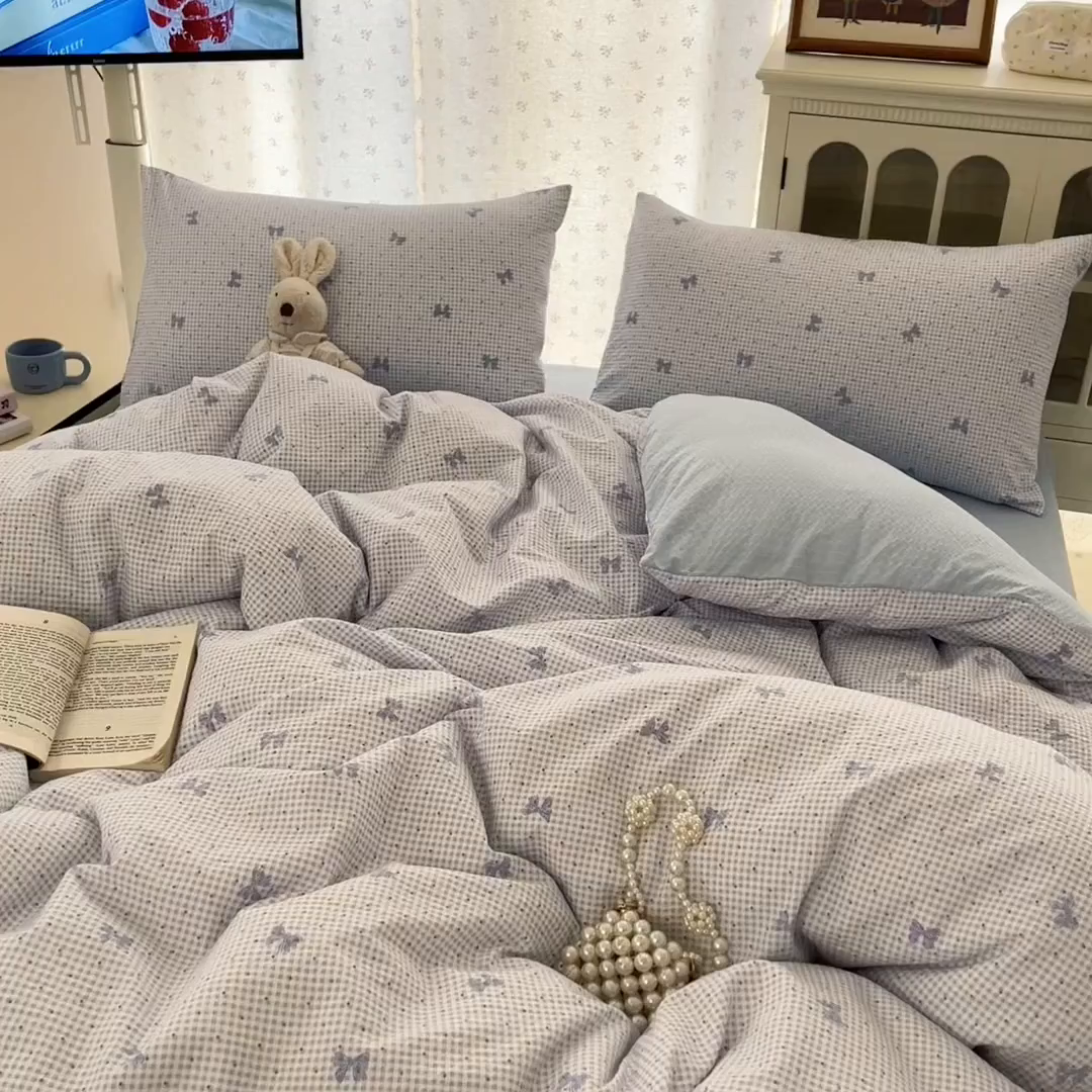 91家纺网 家纺一手货源 找家纺 玉海棠家纺 2026新款直播爆款高品质高克重泡泡纱泡芙纱四件套 蝴蝶结蓝格