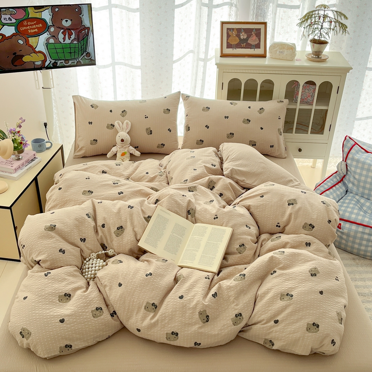 91家纺网 家纺一手货源 找家纺 玉海棠家纺 2026新款直播爆款高品质高克重泡泡纱泡芙纱四件套 咖色凯蒂