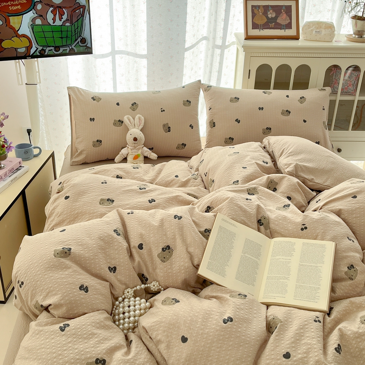 91家纺网 家纺一手货源 找家纺 玉海棠家纺 2026新款直播爆款高品质高克重泡泡纱泡芙纱四件套 咖色凯蒂