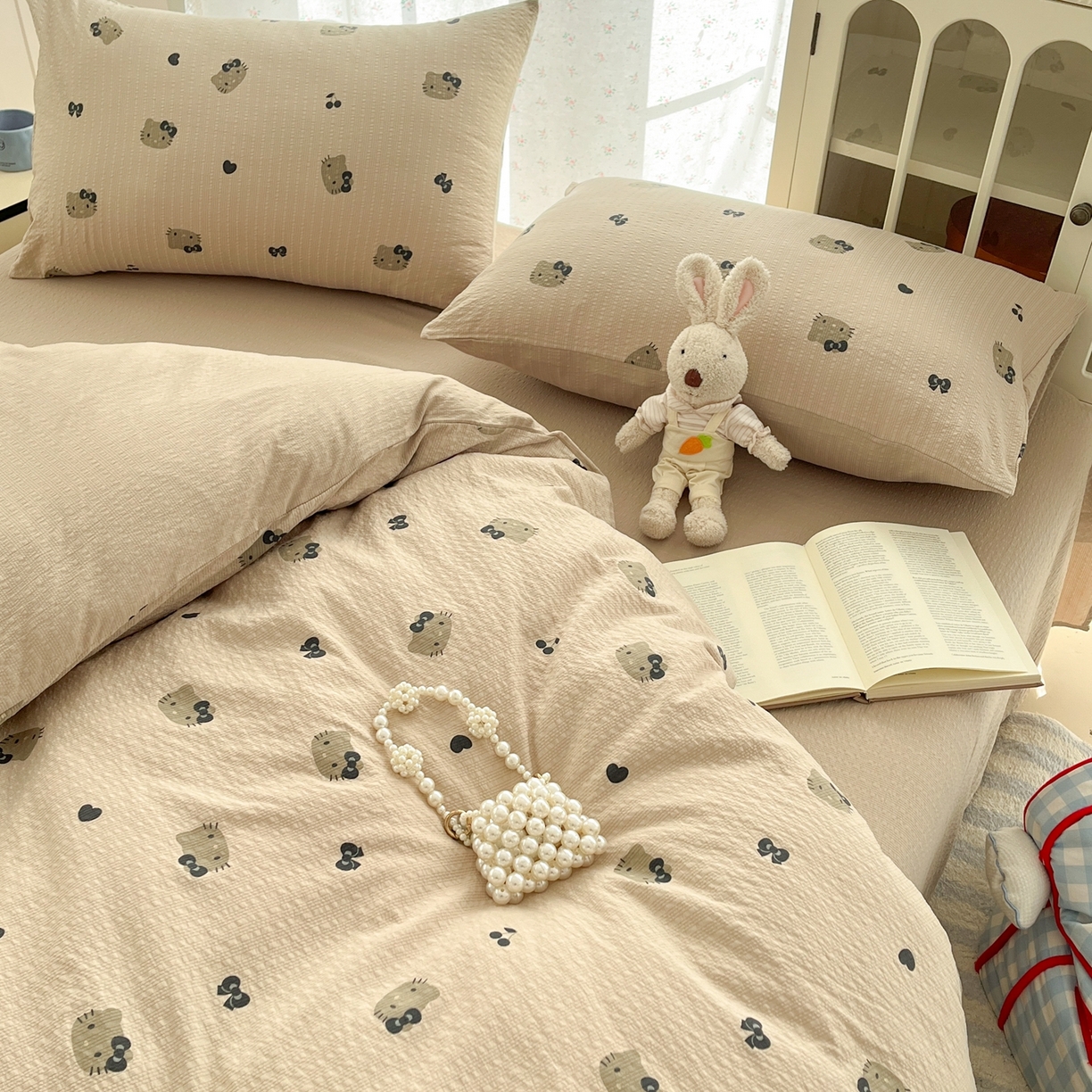 91家纺网 家纺一手货源 找家纺 玉海棠家纺 2026新款直播爆款高品质高克重泡泡纱泡芙纱四件套 咖色凯蒂